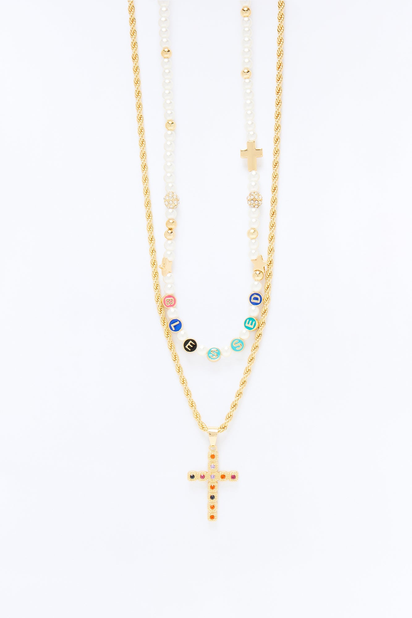 Pearl Charm And Multi Color Cross Necklace Set - Gold