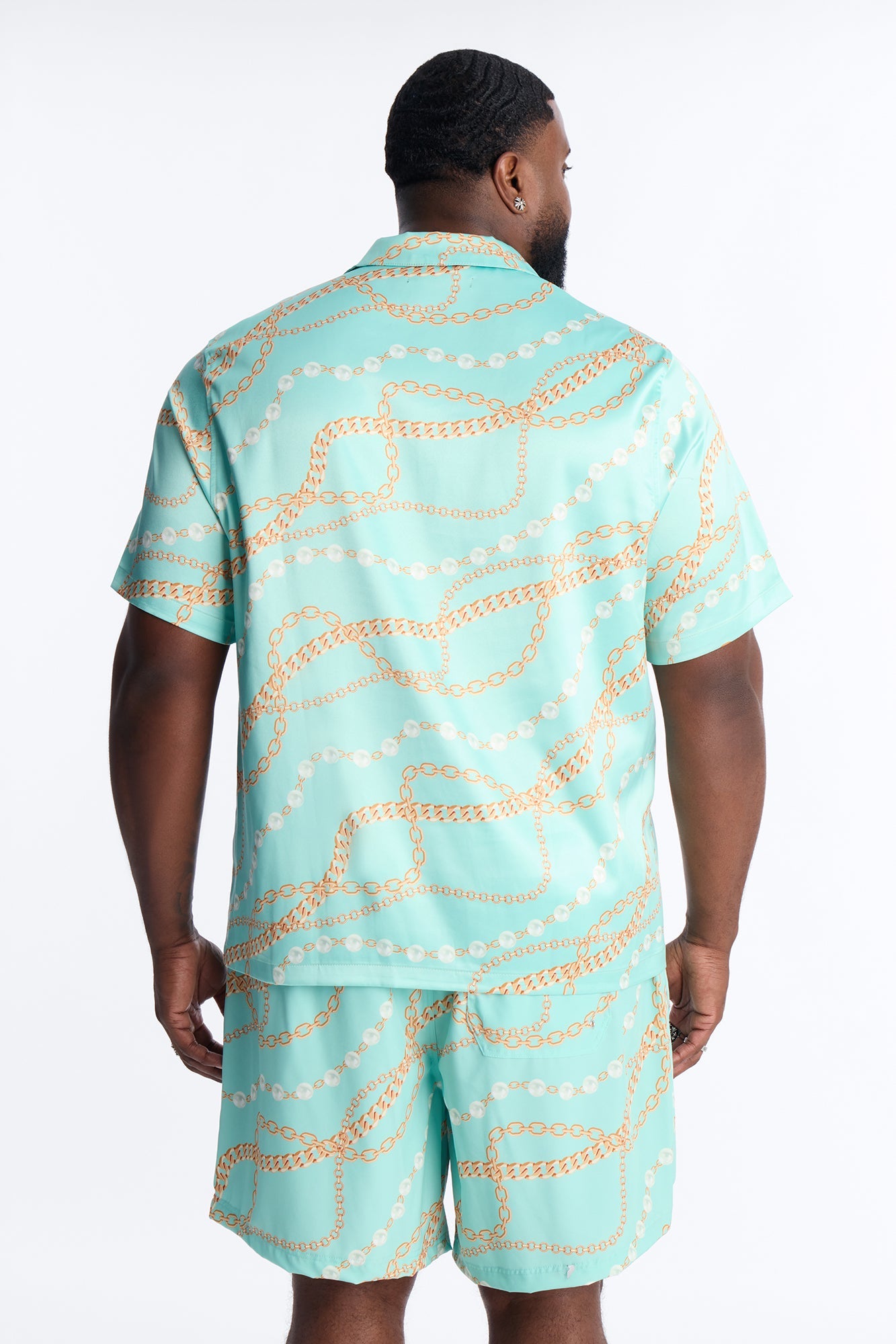Chain Flex Printed Cuban Collar Button Up Shirt - Blue