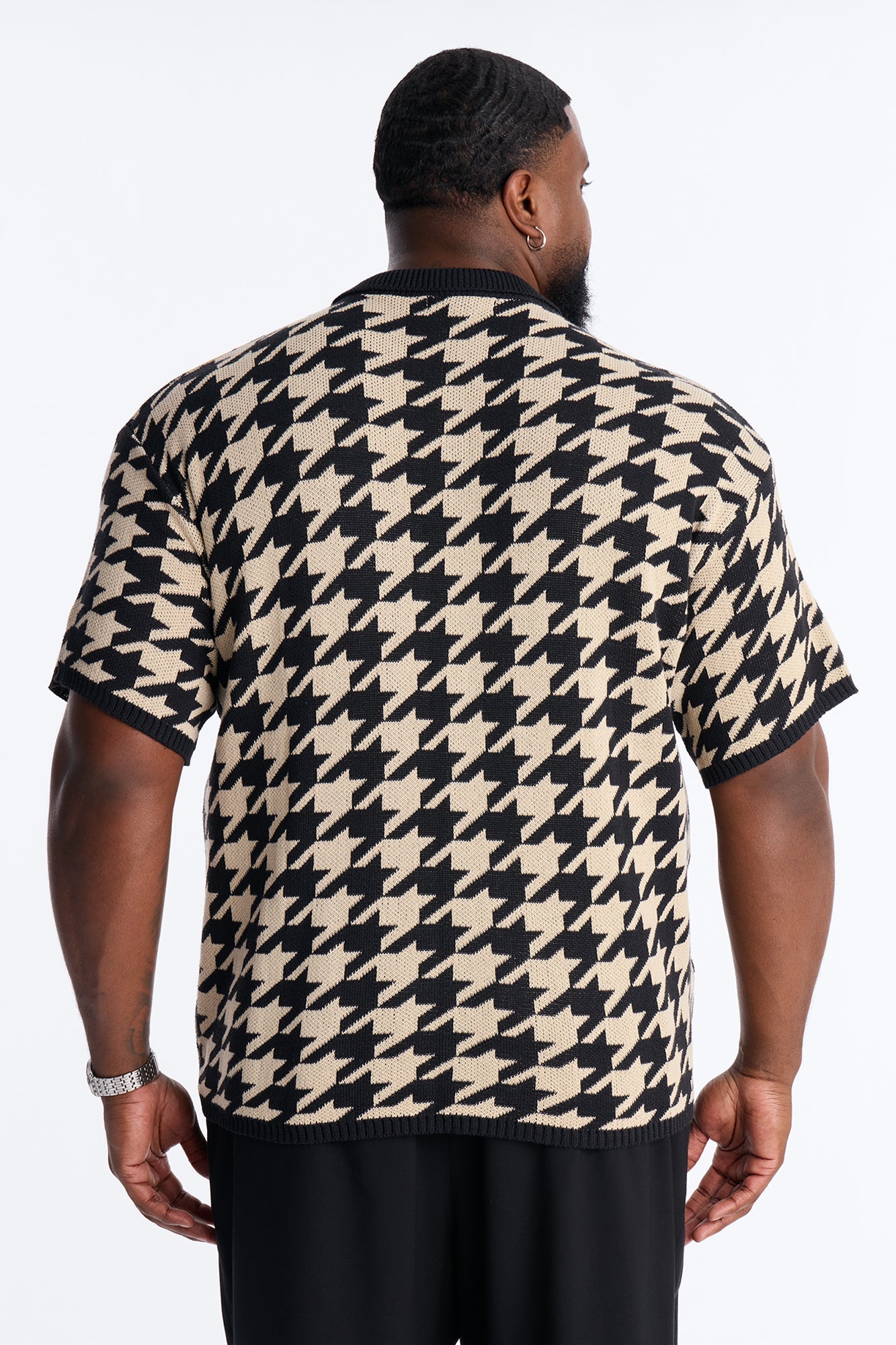 Houndstooth Short Sleeve Knitted Polo - Black