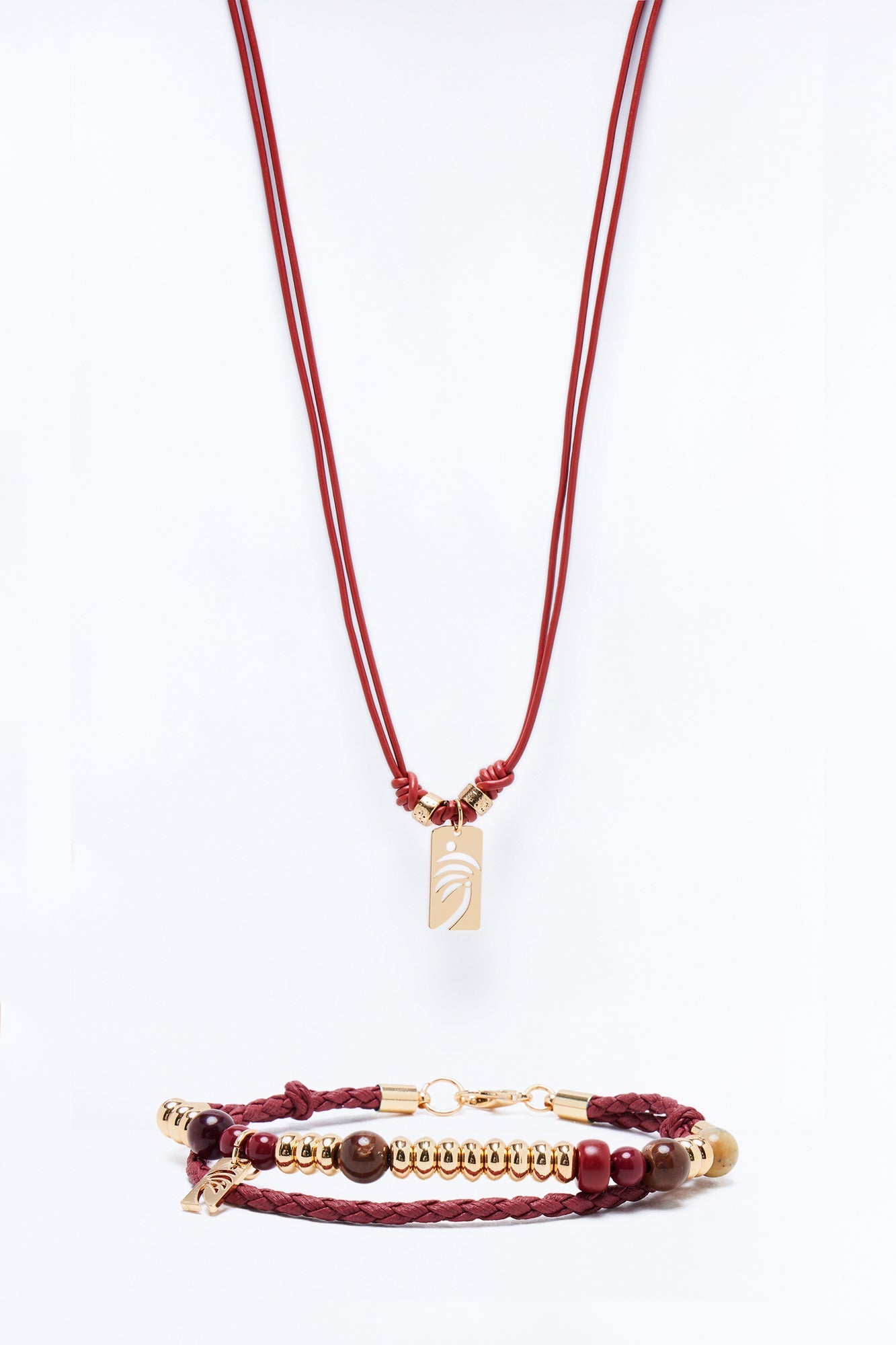 Palm Faux Leather Cording Necklace And Bracelet Set - Burgundy