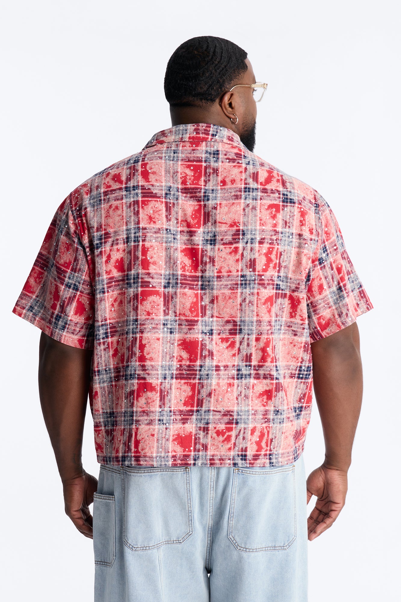 Rhinestone Rain Short Sleeve Plaid Flannel - Red