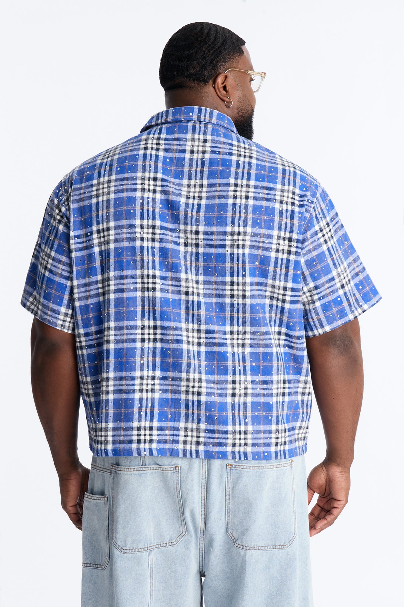 Rhinestone Rain Short Sleeve Plaid Flannel - Royal