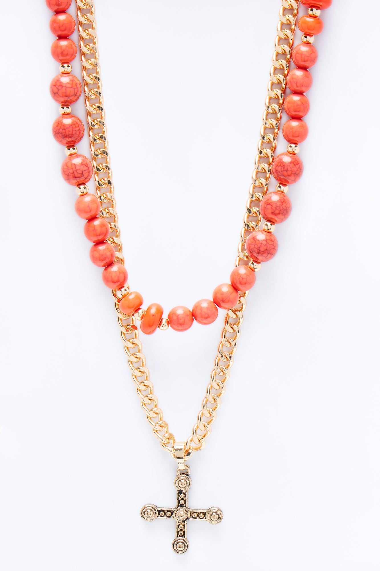 Layered Cuban Cross And Beaded Necklace Set - Gold/combo