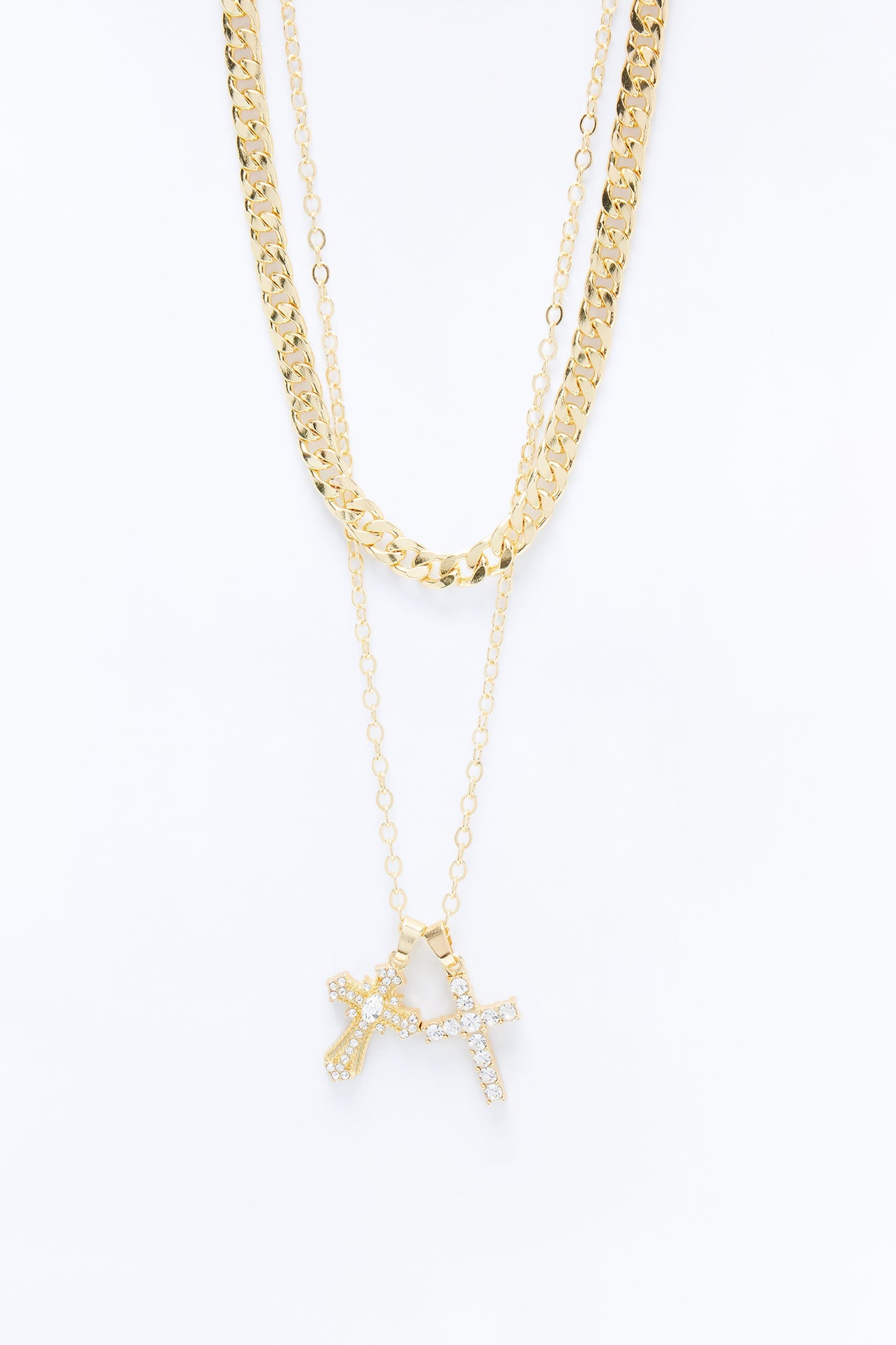 Double Crossed Chain Necklace Set - Gold