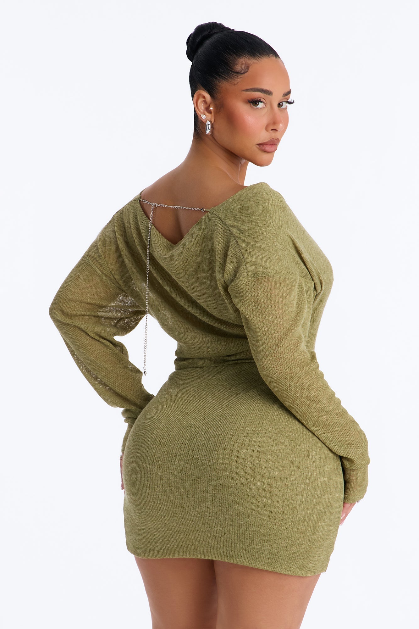 Alina Backless Sweater Mini Dress - Olive NEWFASHIONEDGE