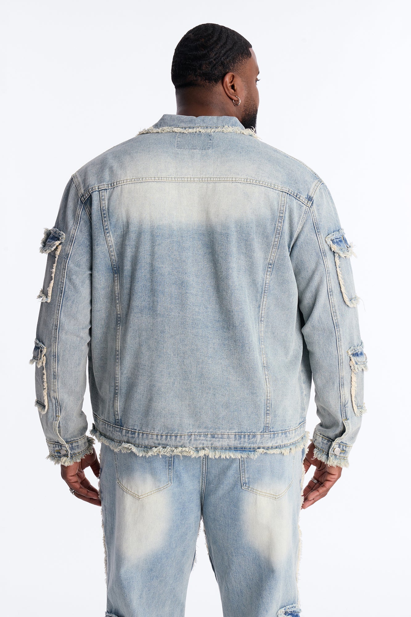 Tattered Cargo Denim Trucker Jacket - Light Wash