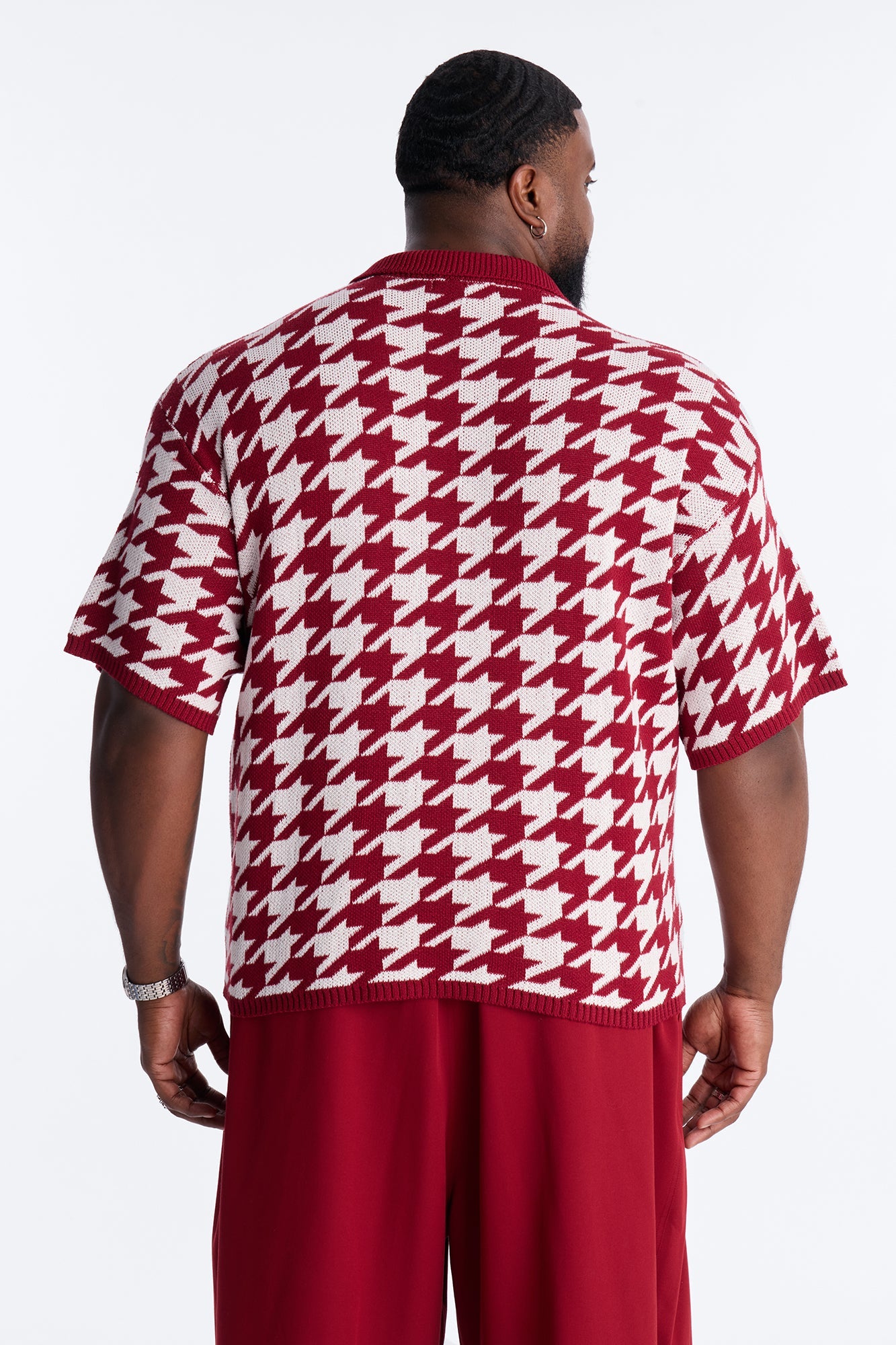 Houndstooth Short Sleeve Knitted Polo - Burgundy