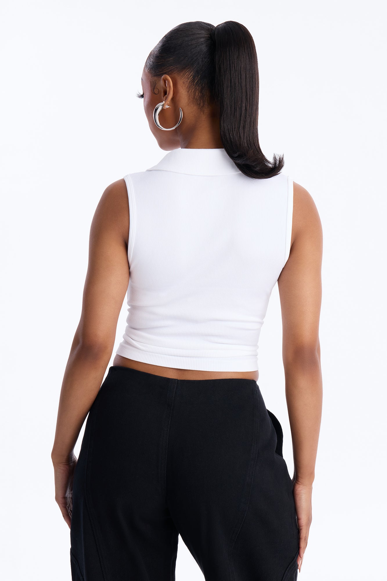 Lyra Seamless Rib Basic Sleeveless Collared Top - White NEWFASHIONEDGE