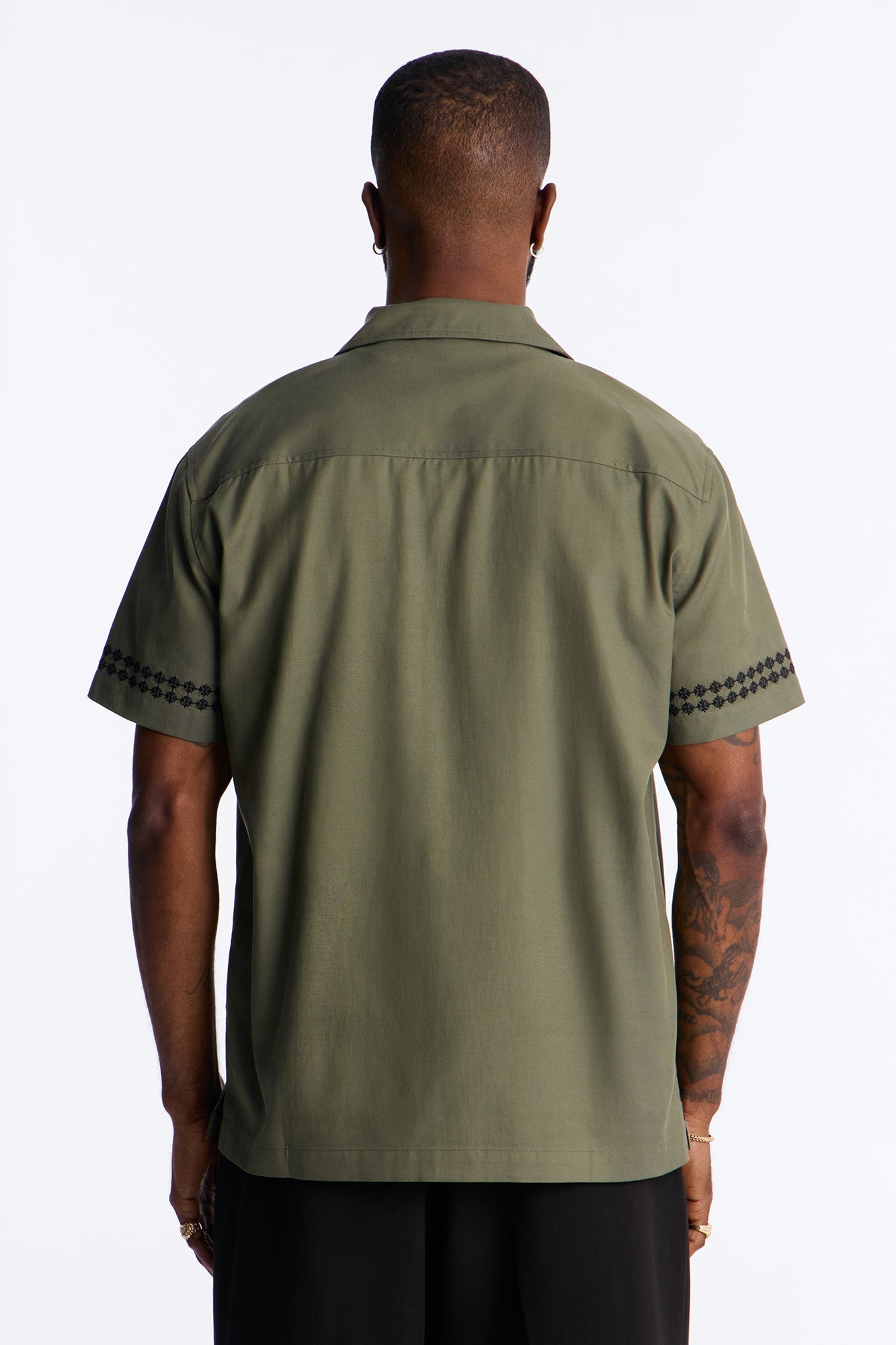 Coastal Embroidered Cuban Collar Button Up Shirt - Olive
