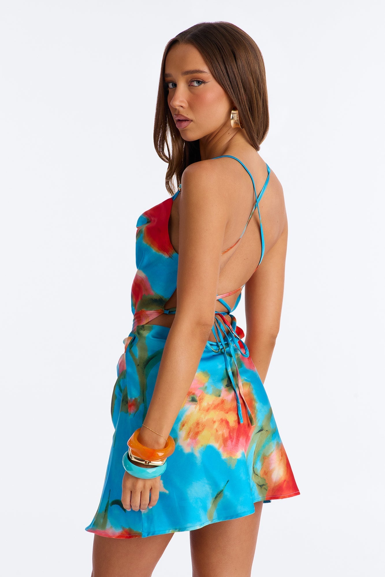 Priscilla Strappy Back Satin Mini Dress - Blue/combo NEWFASHIONEDGE