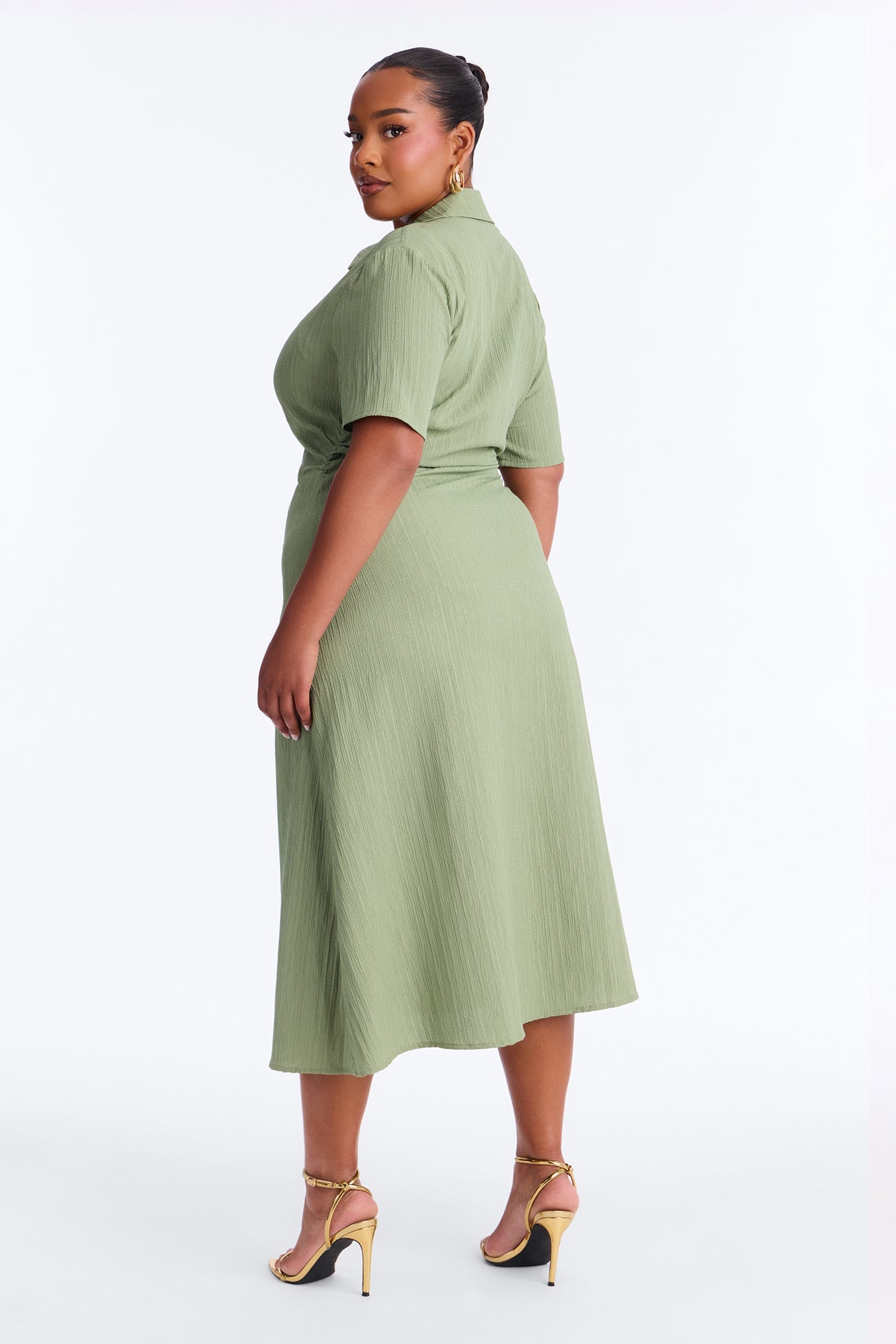 Carmen Ruched Shirt Midi Dress - Olive Fashion Nova