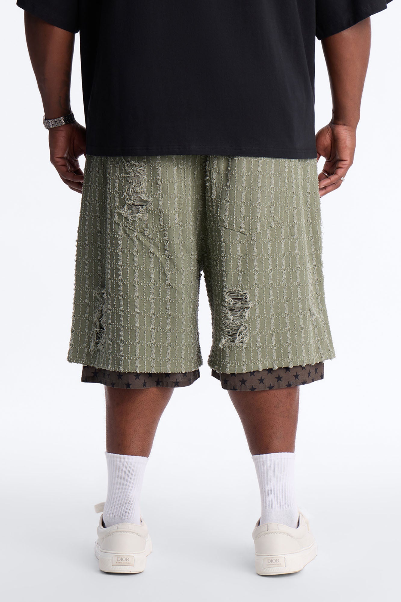 Baggy Double Waisted Stars And Distressed Short - Olive