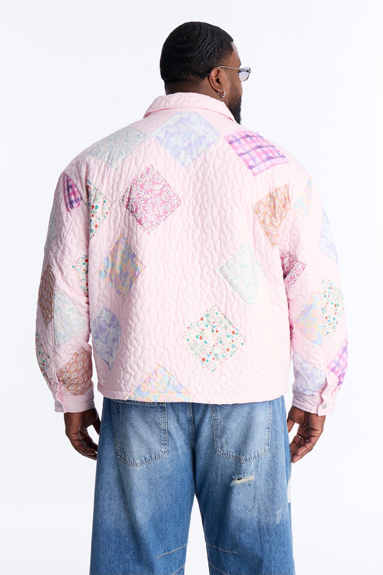 Cropped Quilted Frayed Patchwork Work Jacket - Pink