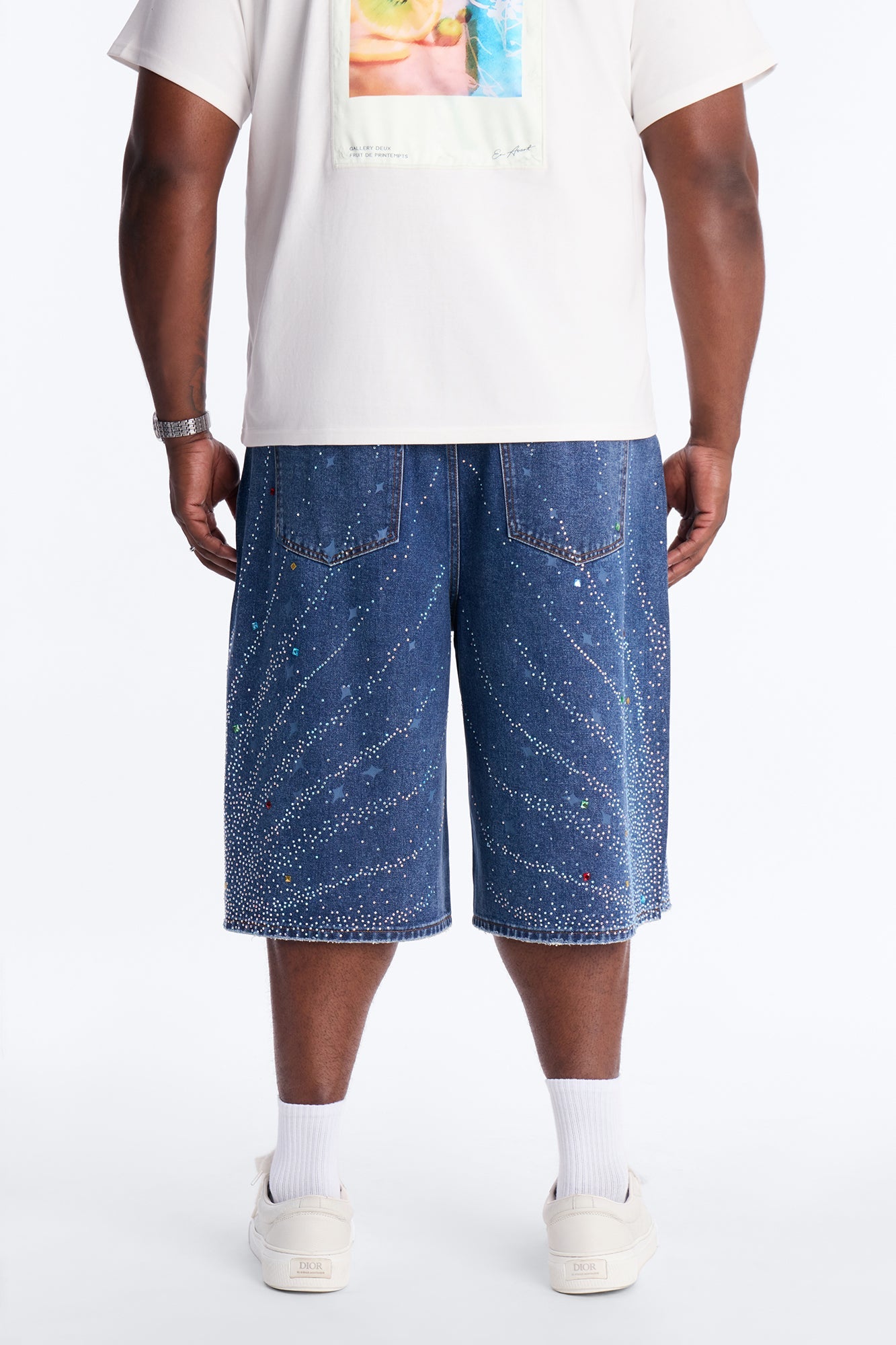 Baggy Cascade Jeweled Denim Shorts - Dark Wash