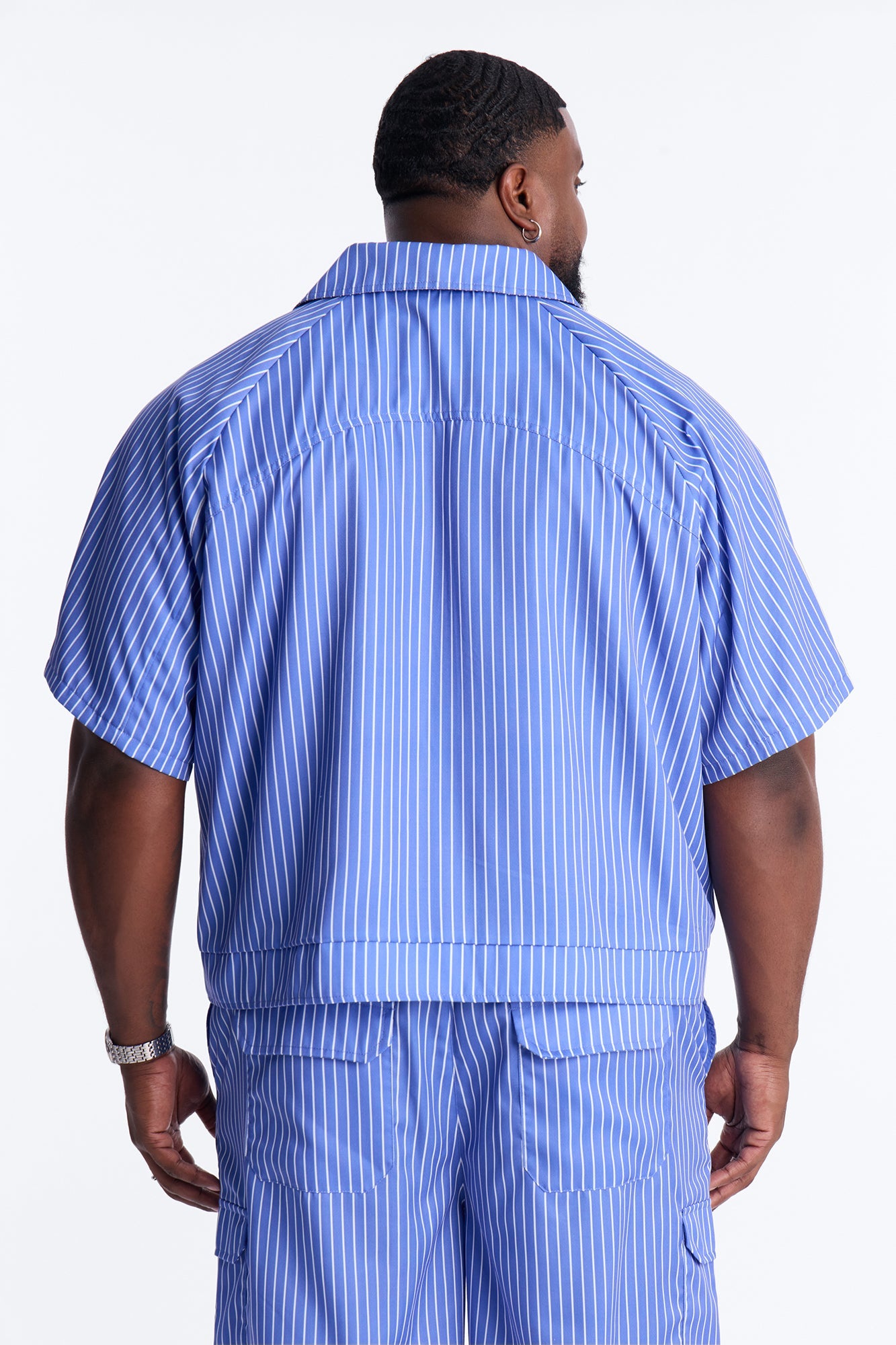 Boxy Cropped Desert Dunes Striped Button Up Shirt - Blue