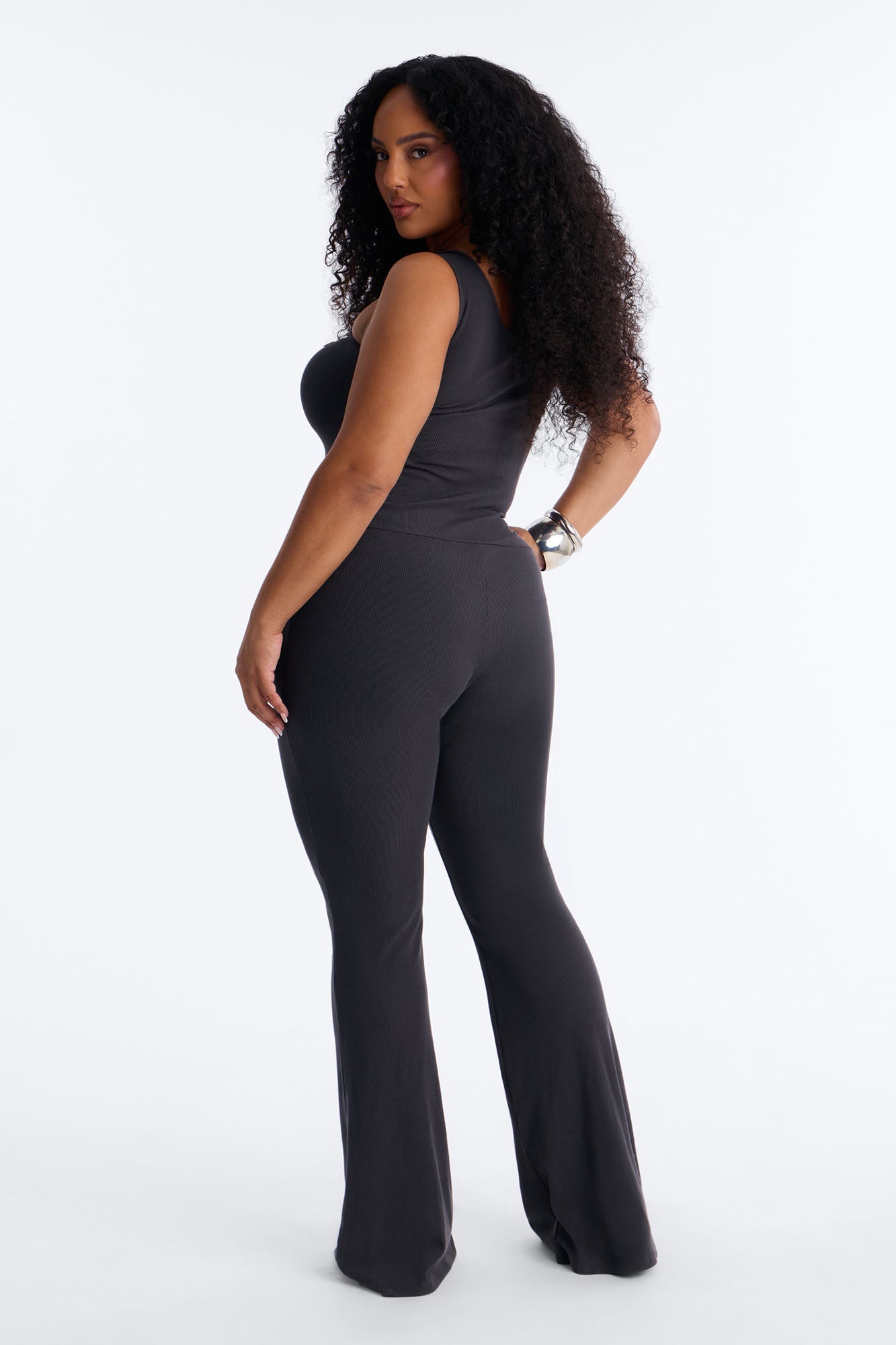 Rio Ribbed Flare Leg Jumpsuit - Charcoal Fashion Nova