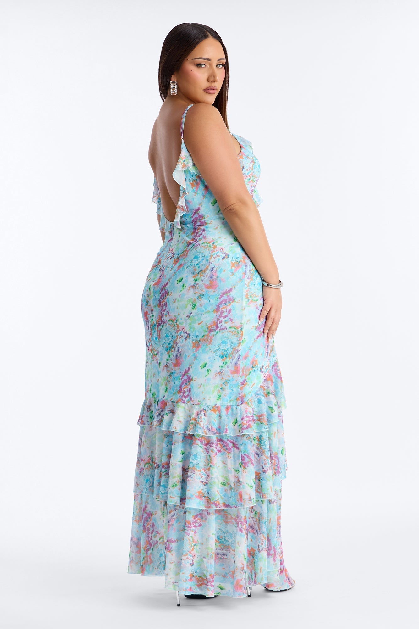 Dylan Ruffle Floral Mesh Maxi Dress - Blue/combo NEWFASHIONEDGE