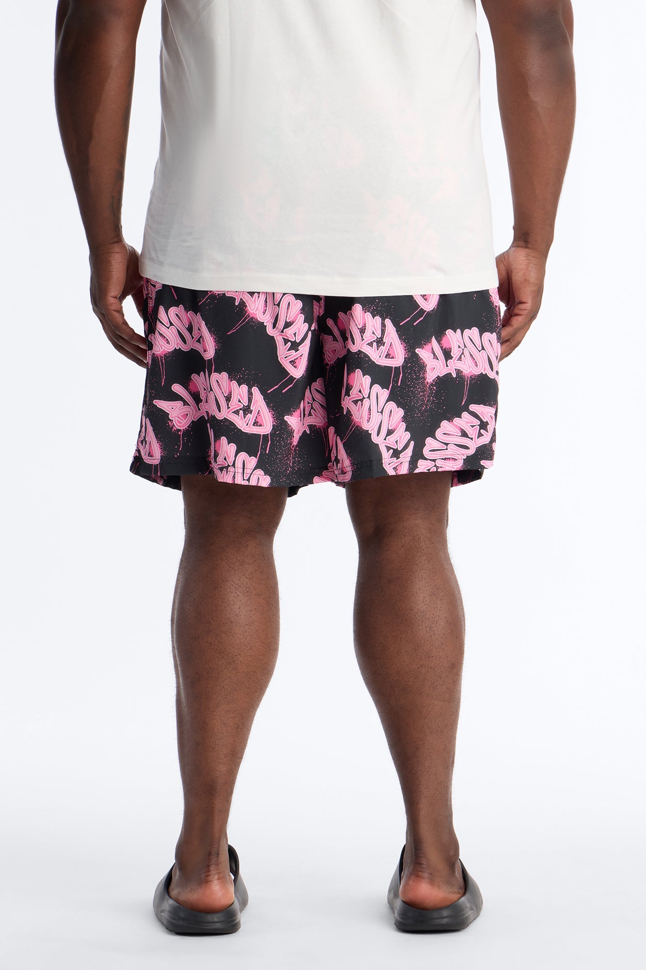 Blessed Street Graffiti Printed Swim Trunk 7″ - Black/Pink