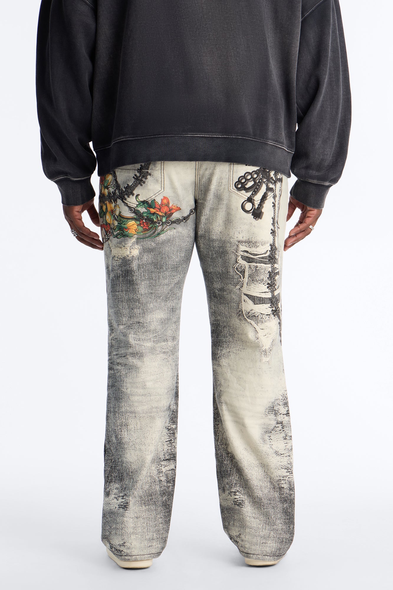 Smoke N Chains Printed Baggy Jean - Acid Wash Black