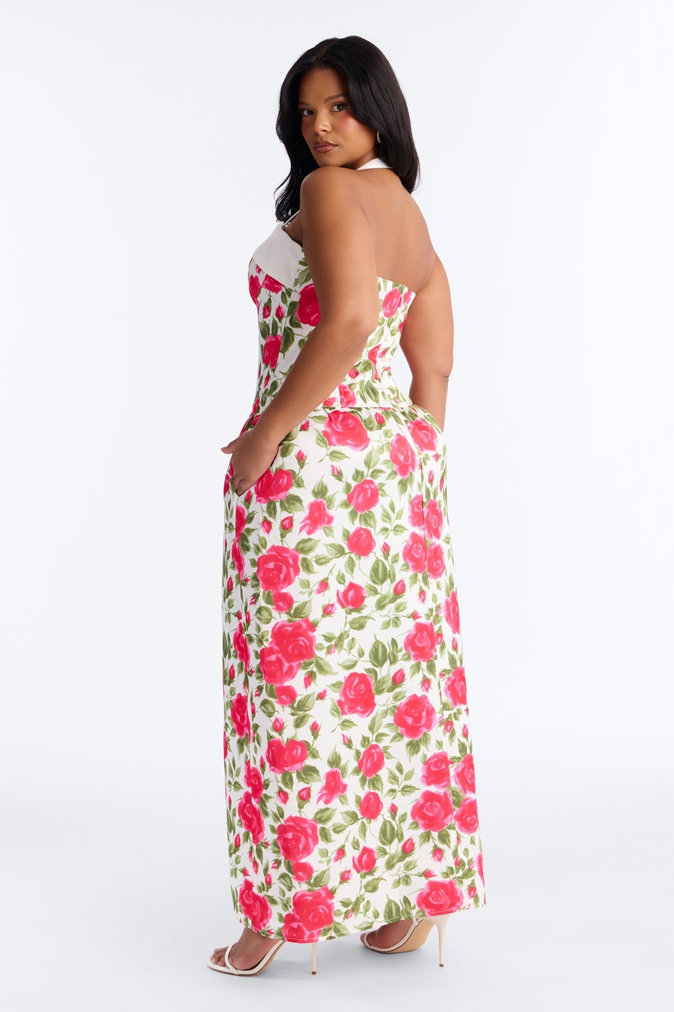Sweetheart Floral Satin High Slit Maxi Dress - Pink/combo NEWFASHIONEDGE