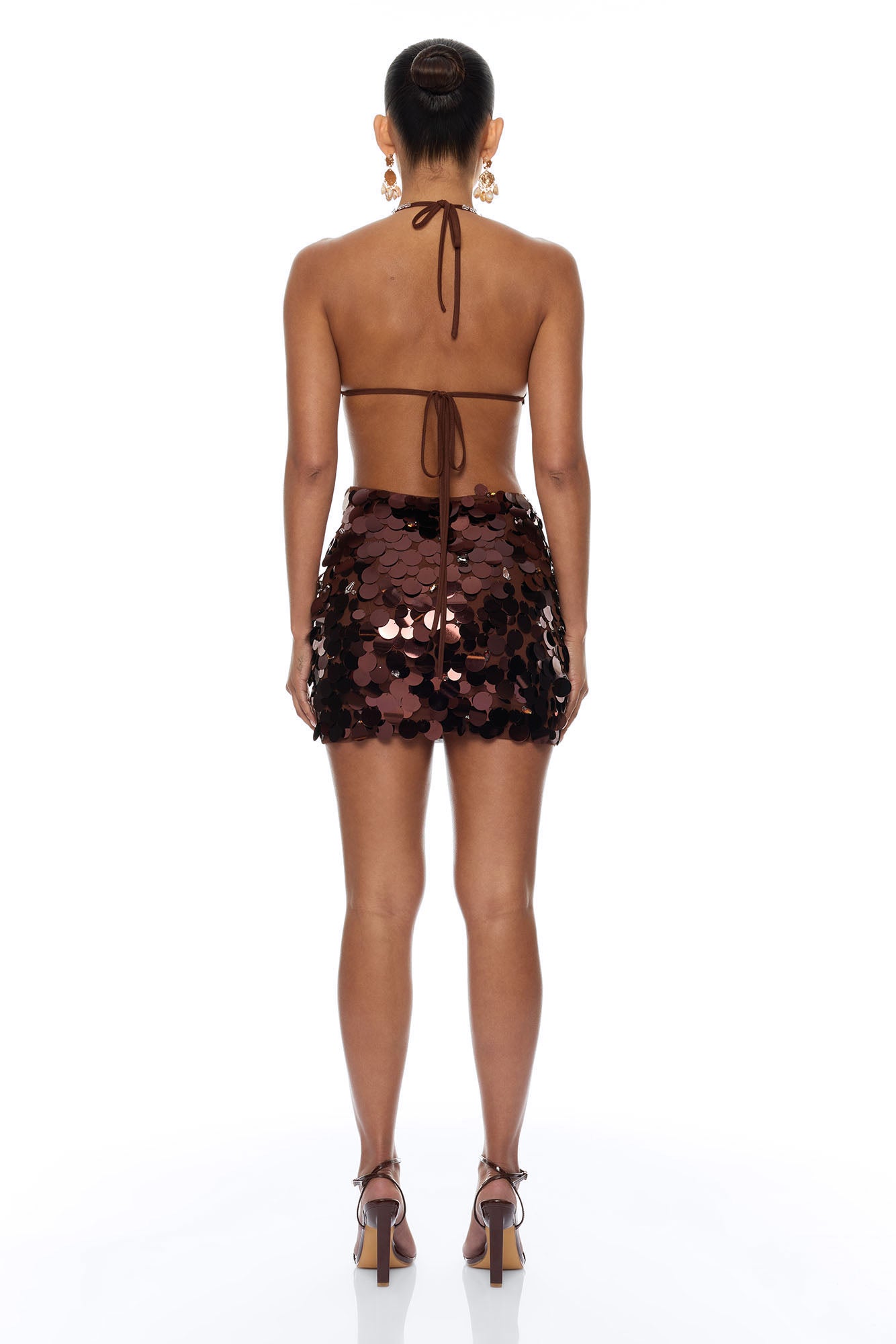 Mermaid Dreams Embellished Sequin Micro Mini Skirt Set - Brown