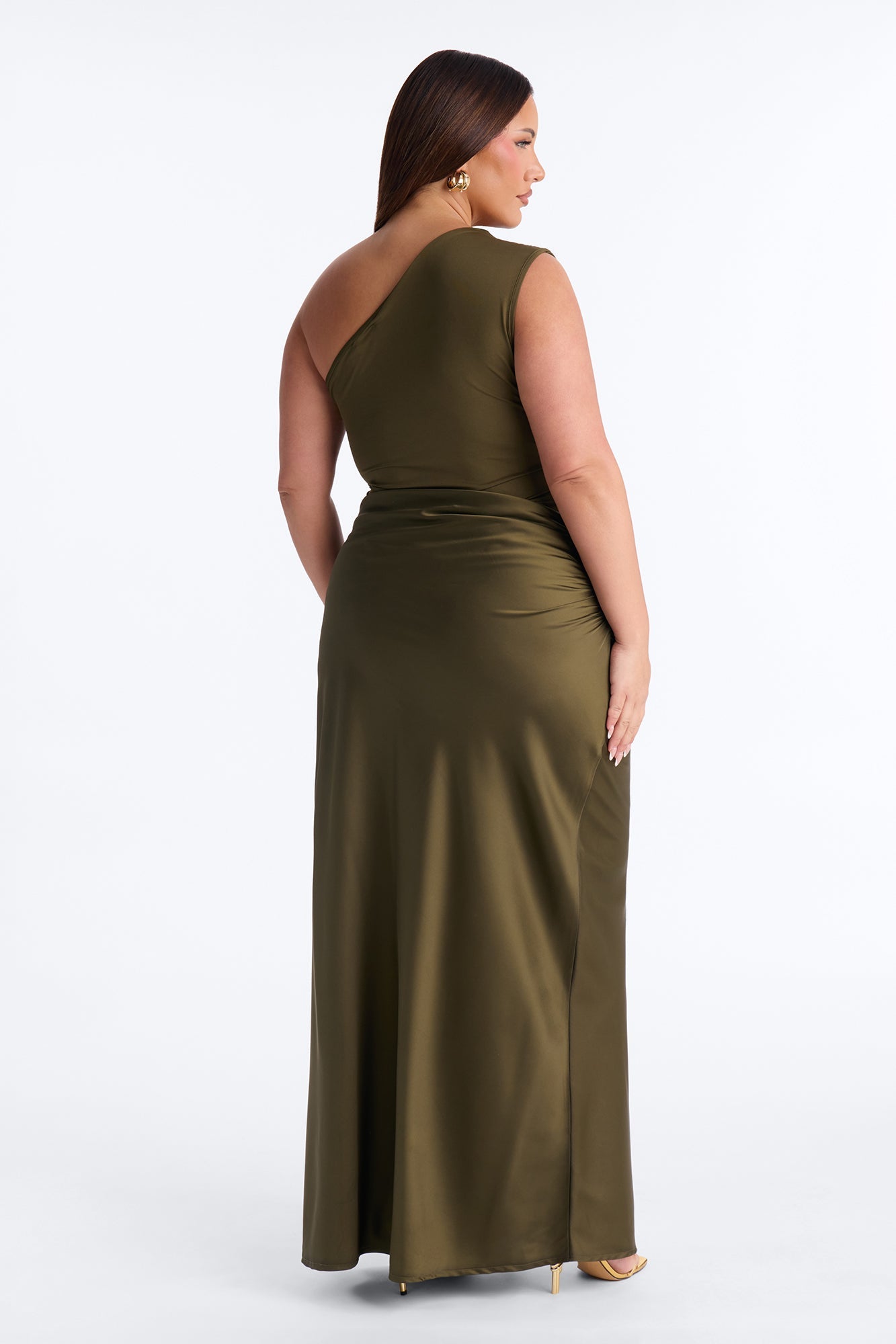 City Nights One Shoulder Satin Maxi Dress - Olive NEWFASHIONEDGE