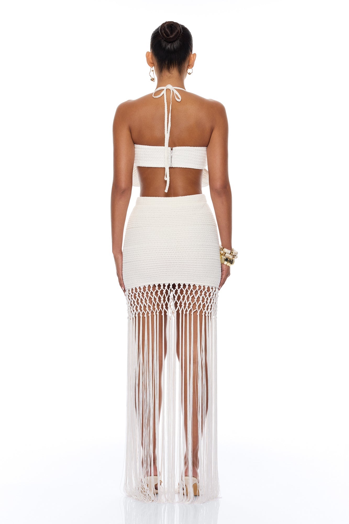 Ocean Breeze Fringe Crochet Skirt Set - White