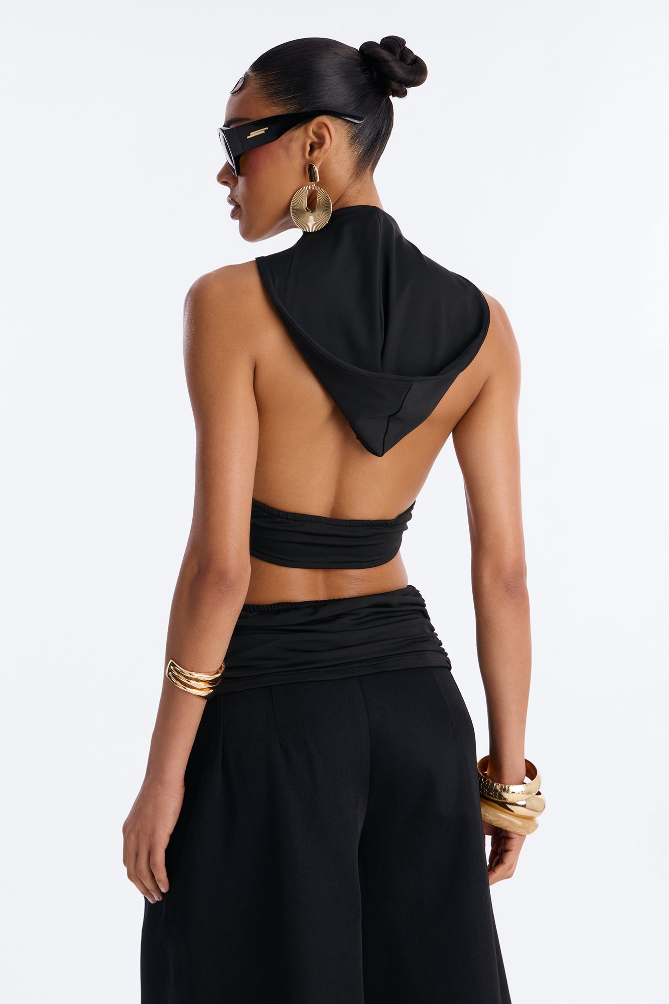 Golden Summer Hardware Hooded Draped Top - Black NEWFASHIONEDGE