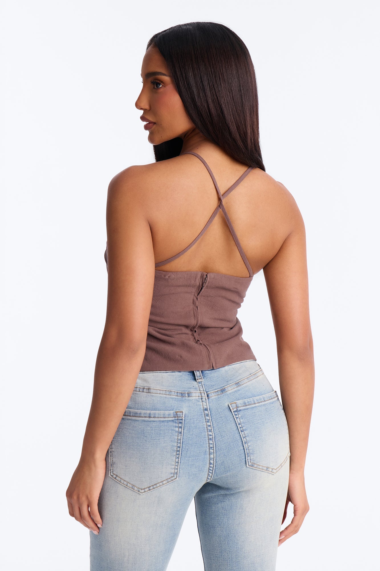 Flirty Fit Check Pleated Twill Cami Top - Chocolate NEWFASHIONEDGE