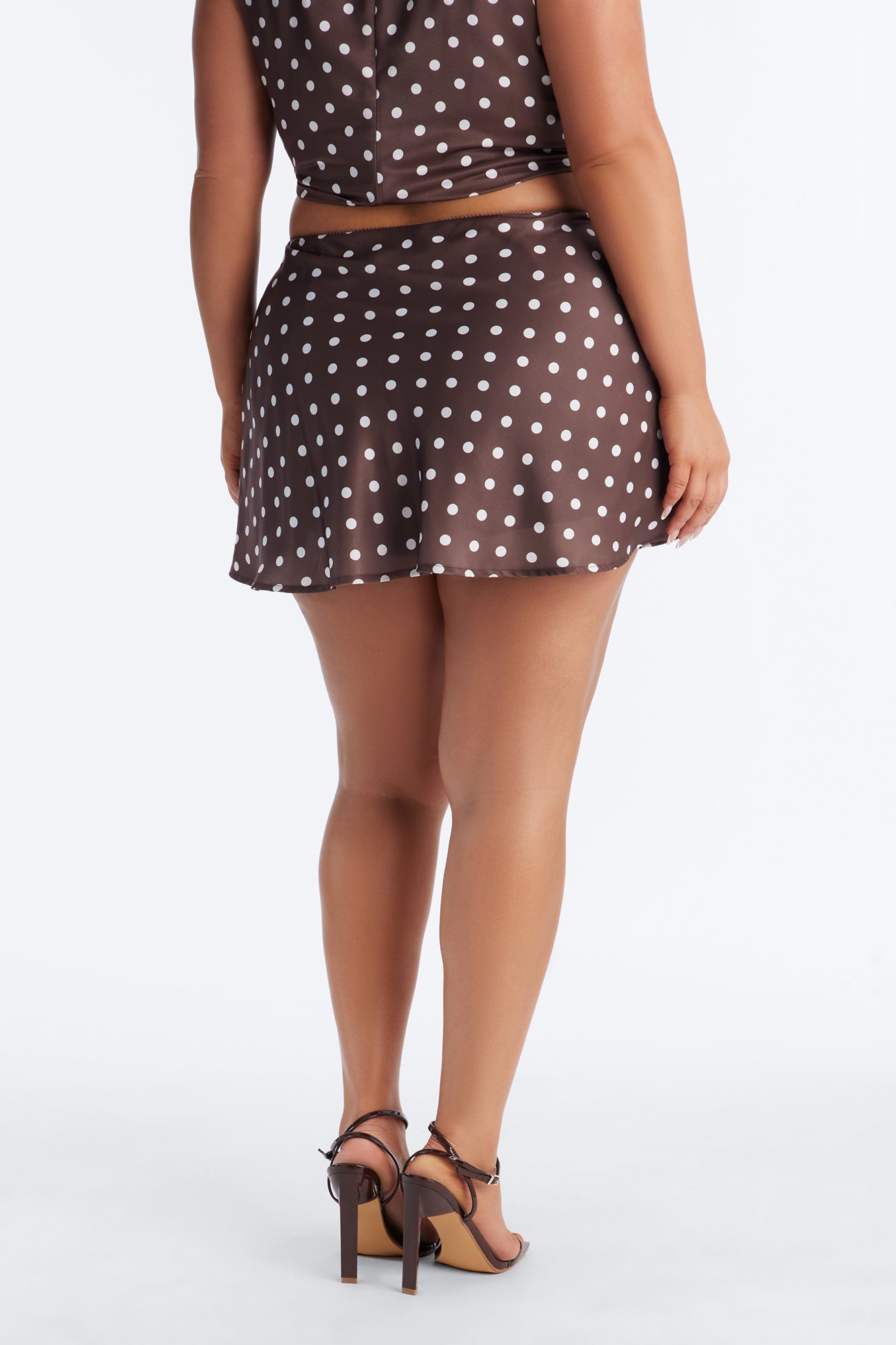Teegan Polka Dot Satin Skater Mini Skirt - Chocolate Fashion Nova