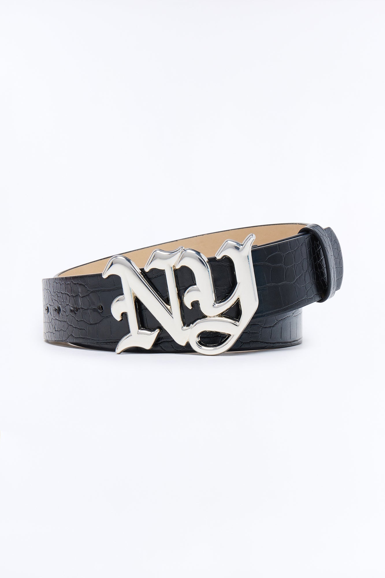 NY Initial Buckle Crocodile Embossed Faux Leather Belt - Black/combo