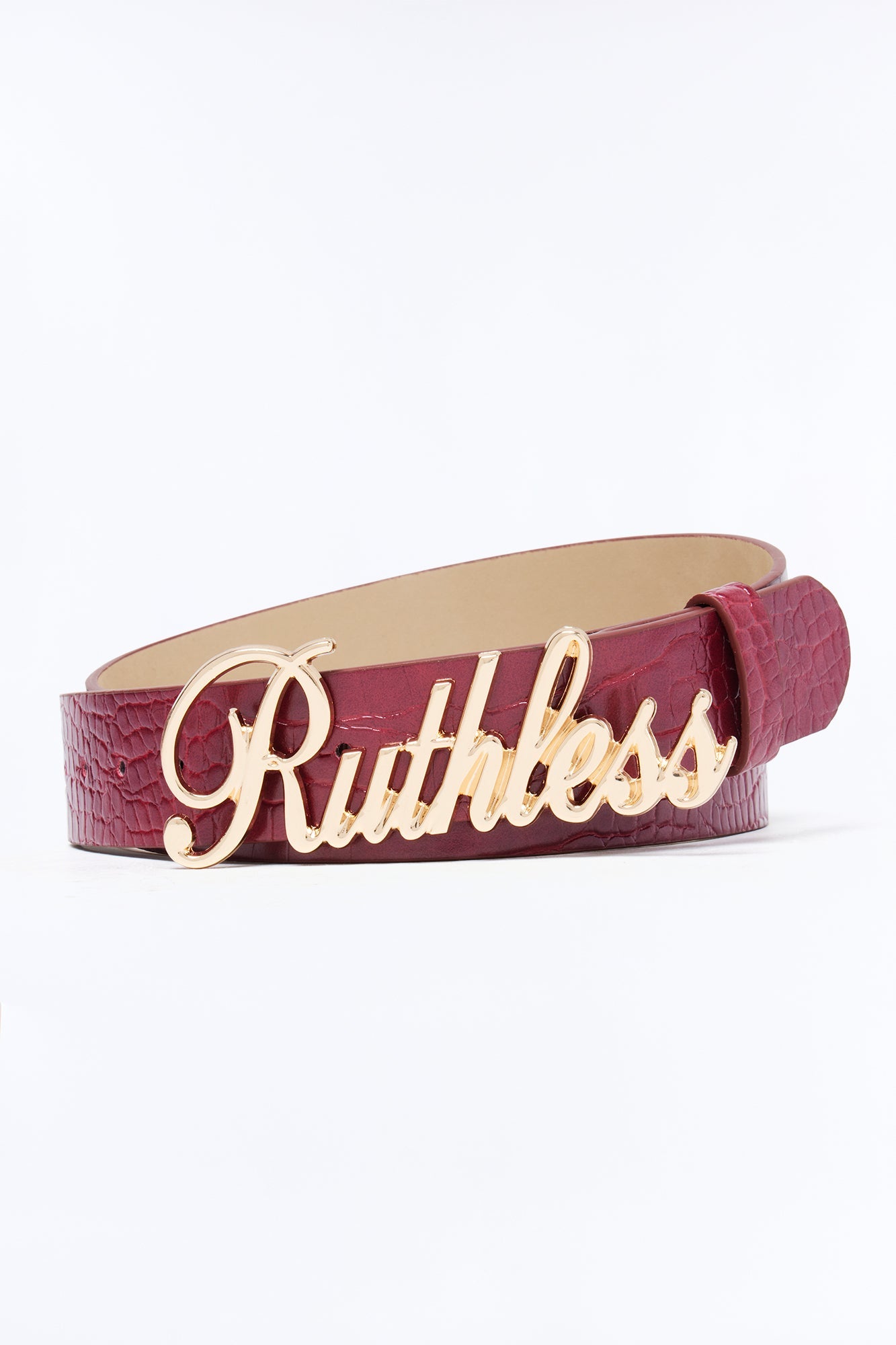 Ruthless Embossed Script Buckle Belt - Gold/Red