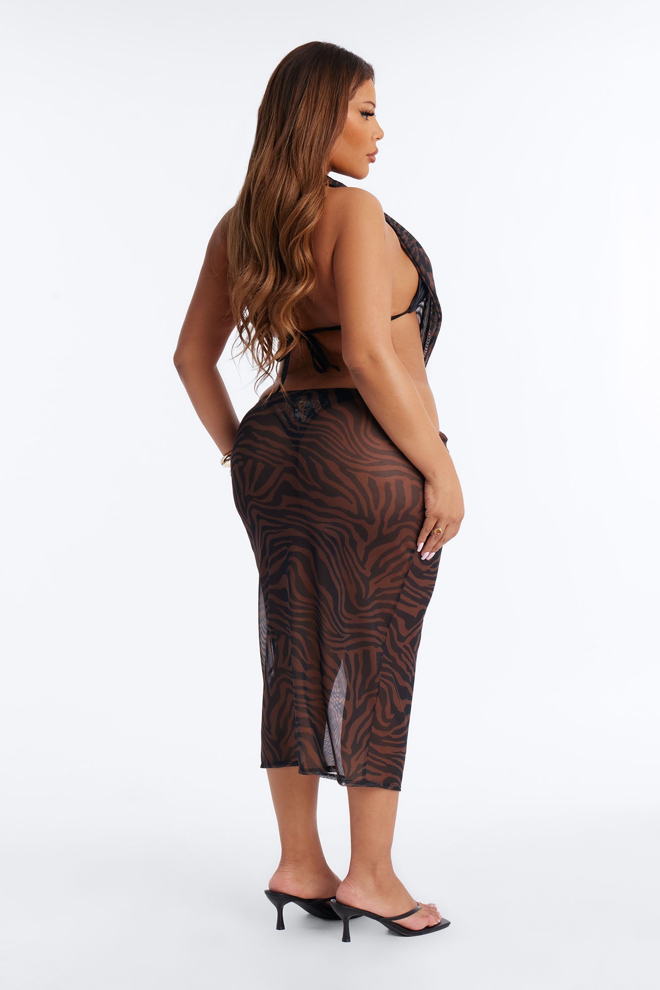 Royal Sand Sheer Halter Deep V-Neck Swim Cover Up Midi Dress - Brown/combo