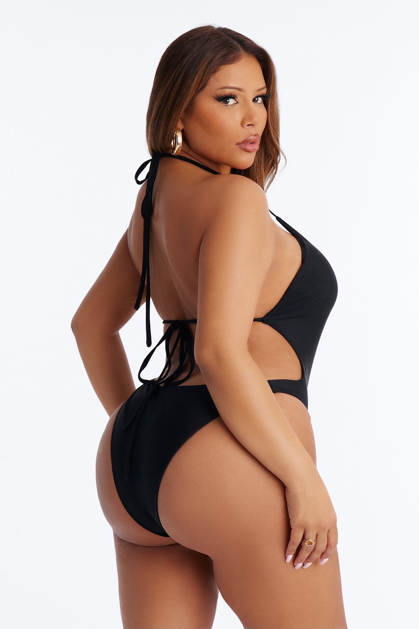 Miami Beat Studded 1 Piece Halter Cut Out Swimsuit - Black NEWFASHIONEDGE