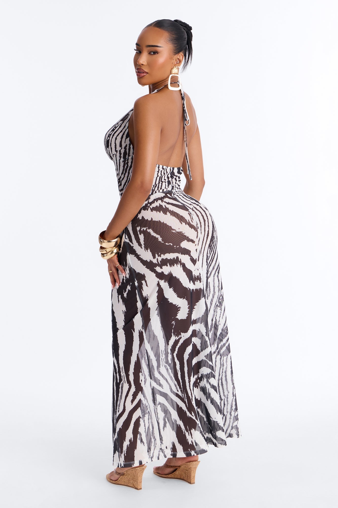 Alara Halter Mesh Maxi Dress - White/Black