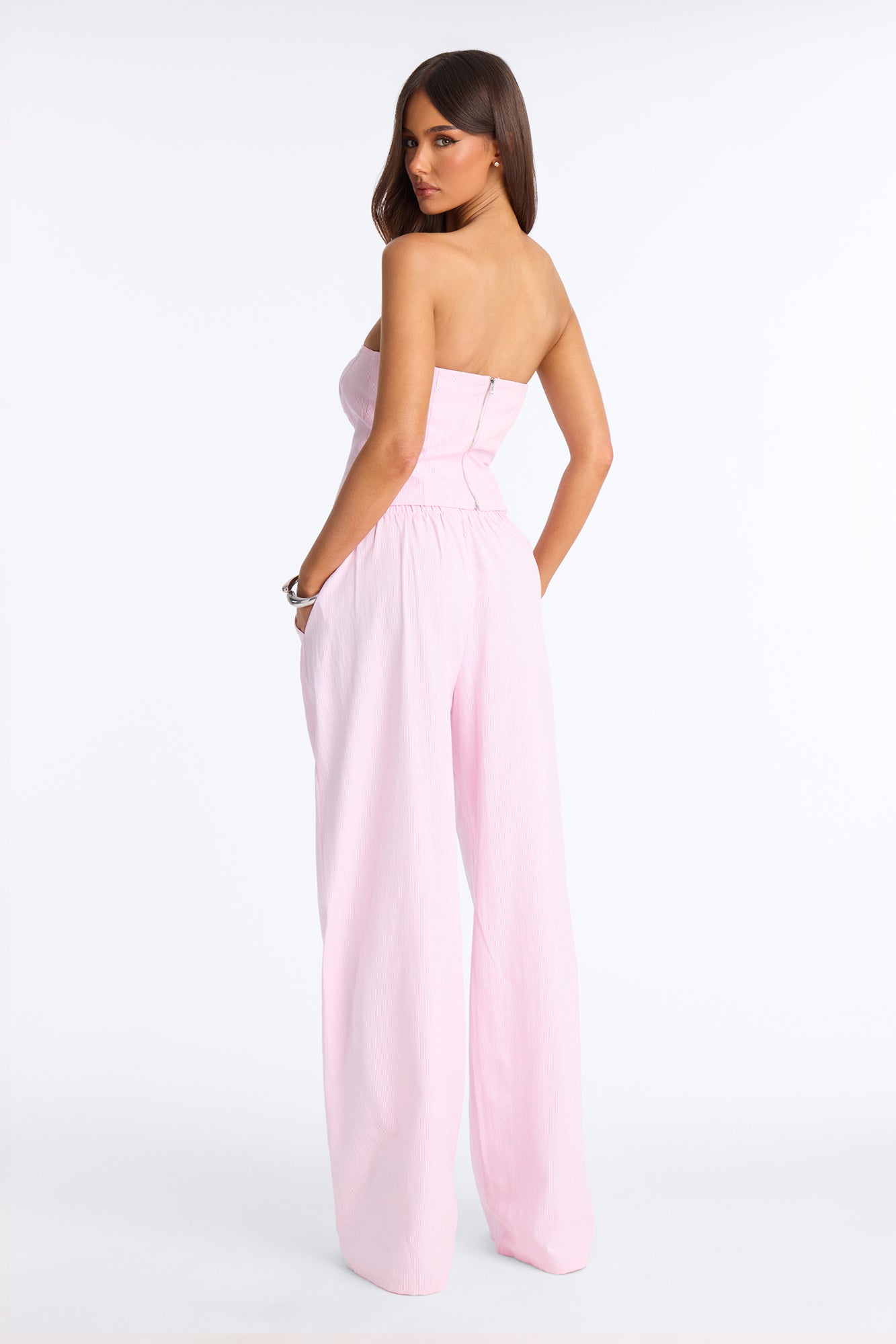 Laurie Linen Pinstripe Corset And Pant Set - Pink/combo NEWFASHIONEDGE