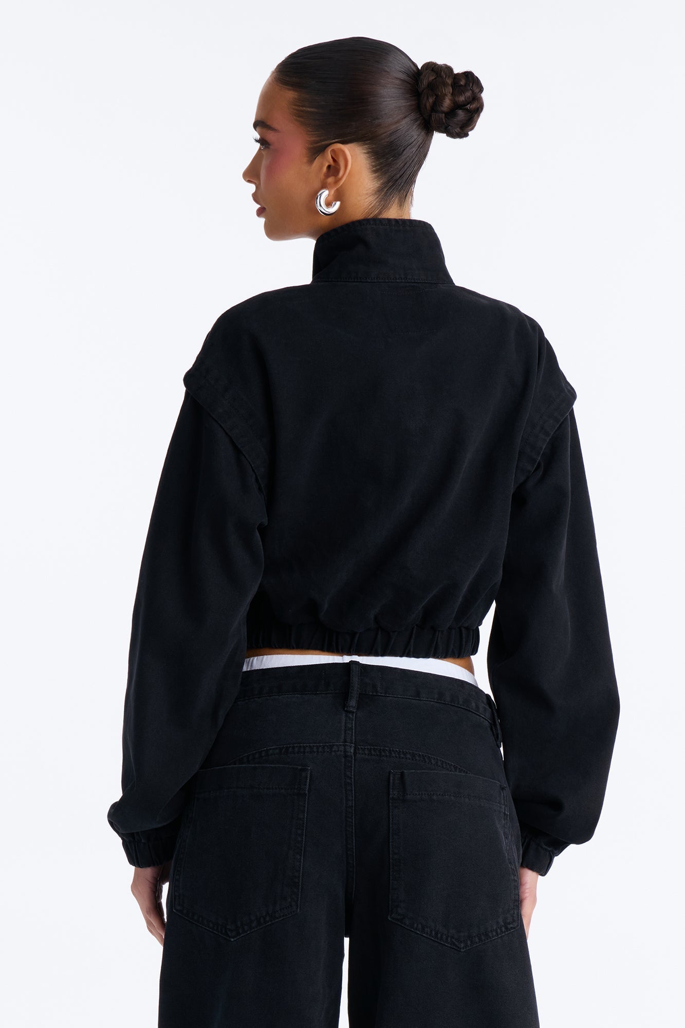 Living On Edge Cropped Denim Bomber Jacket - Black Wash NEWFASHIONEDGE
