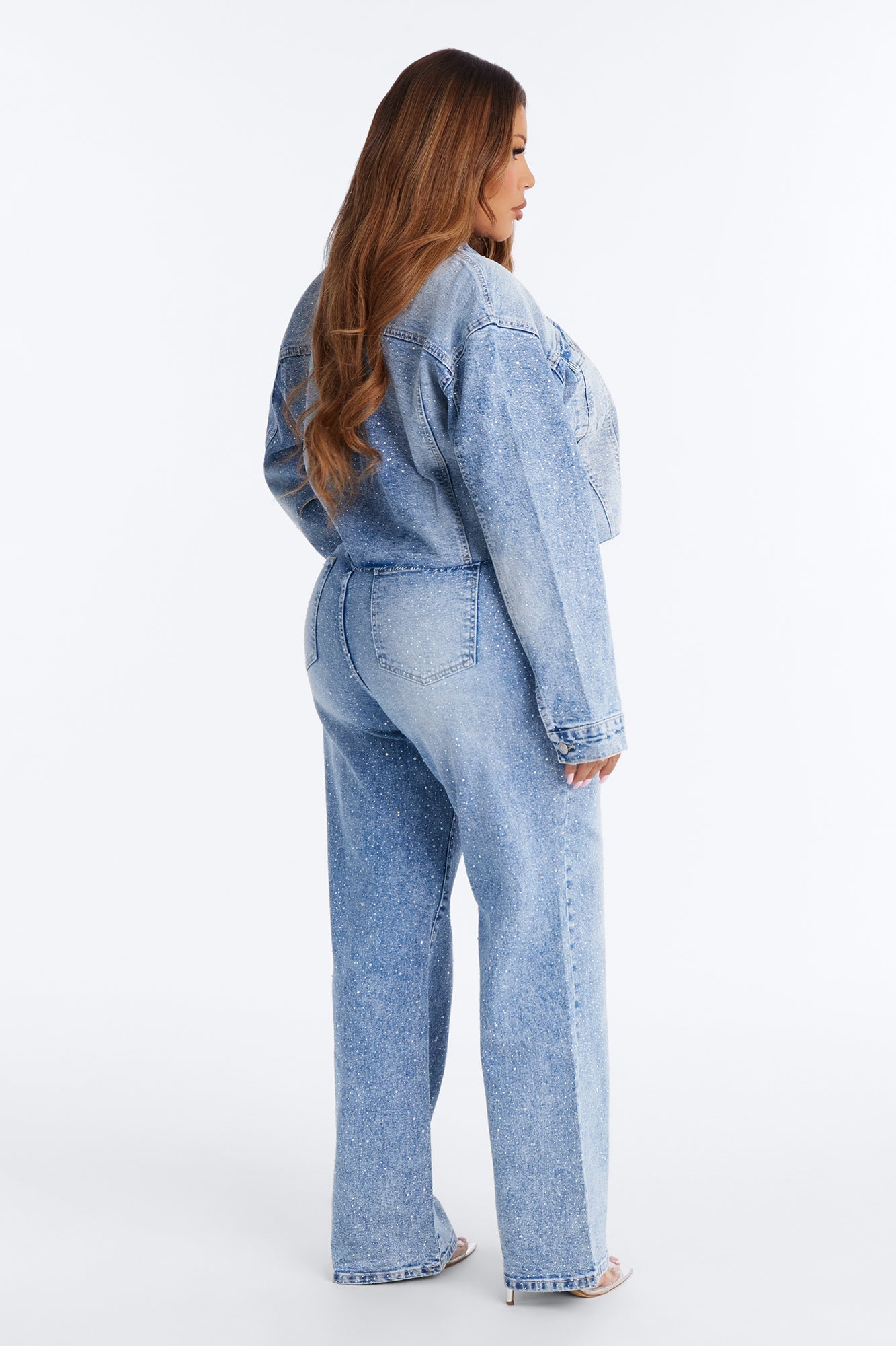 Spotlight Status Rhinestone Denim Pant Set - Light Wash NEWFASHIONEDGE