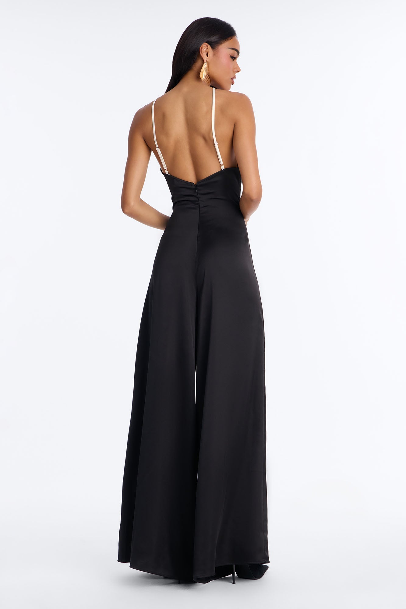 Hailie Satin Contrast Trim Halter Jumpsuit - Black