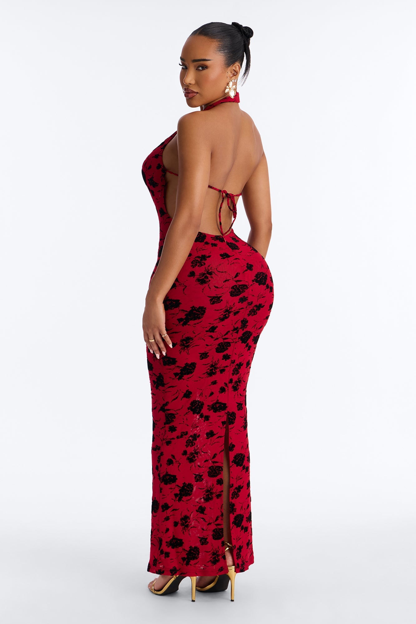 Hollywood Cut Out Flocked Maxi Dress - Red/combo