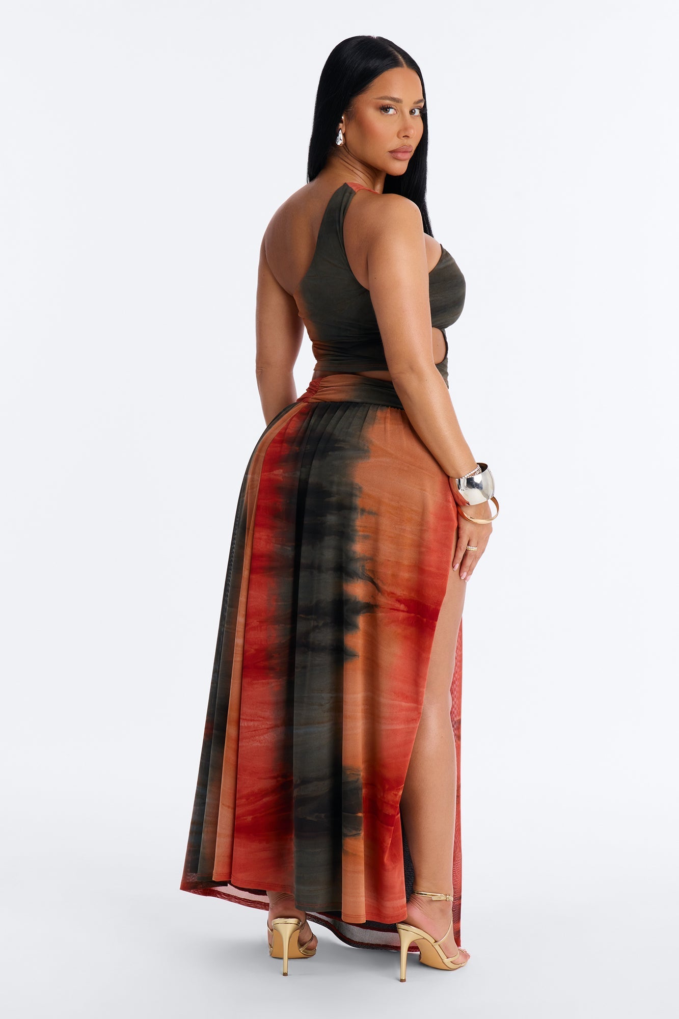 Sunkissed Flame Mesh Skirt Set - Rust/combo