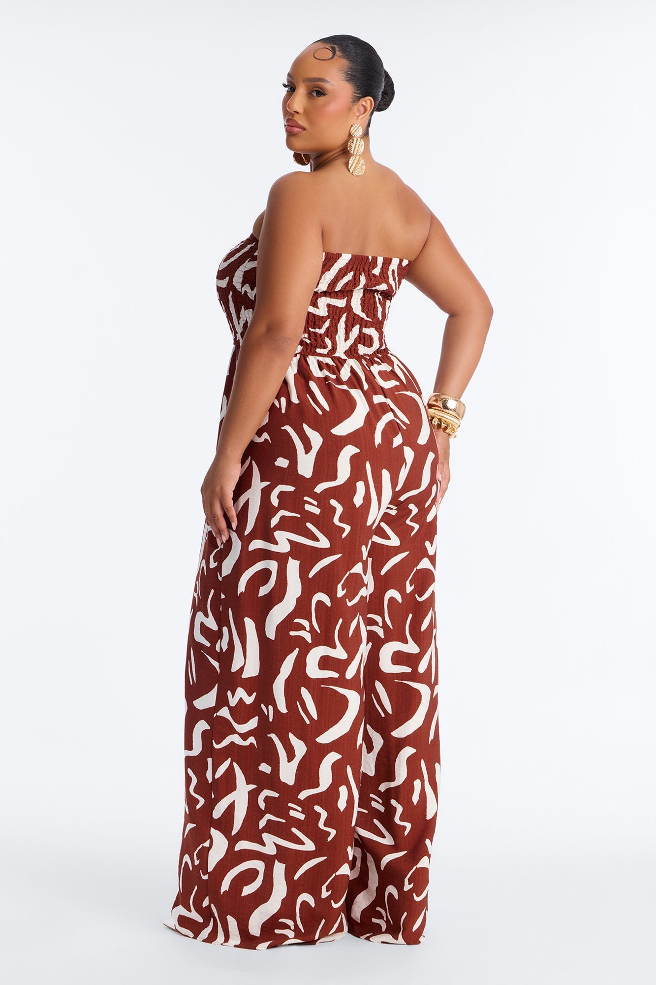 Faye Strapless Abstract Wide Leg Jumpsuit - Rust/combo NEWFASHIONEDGE