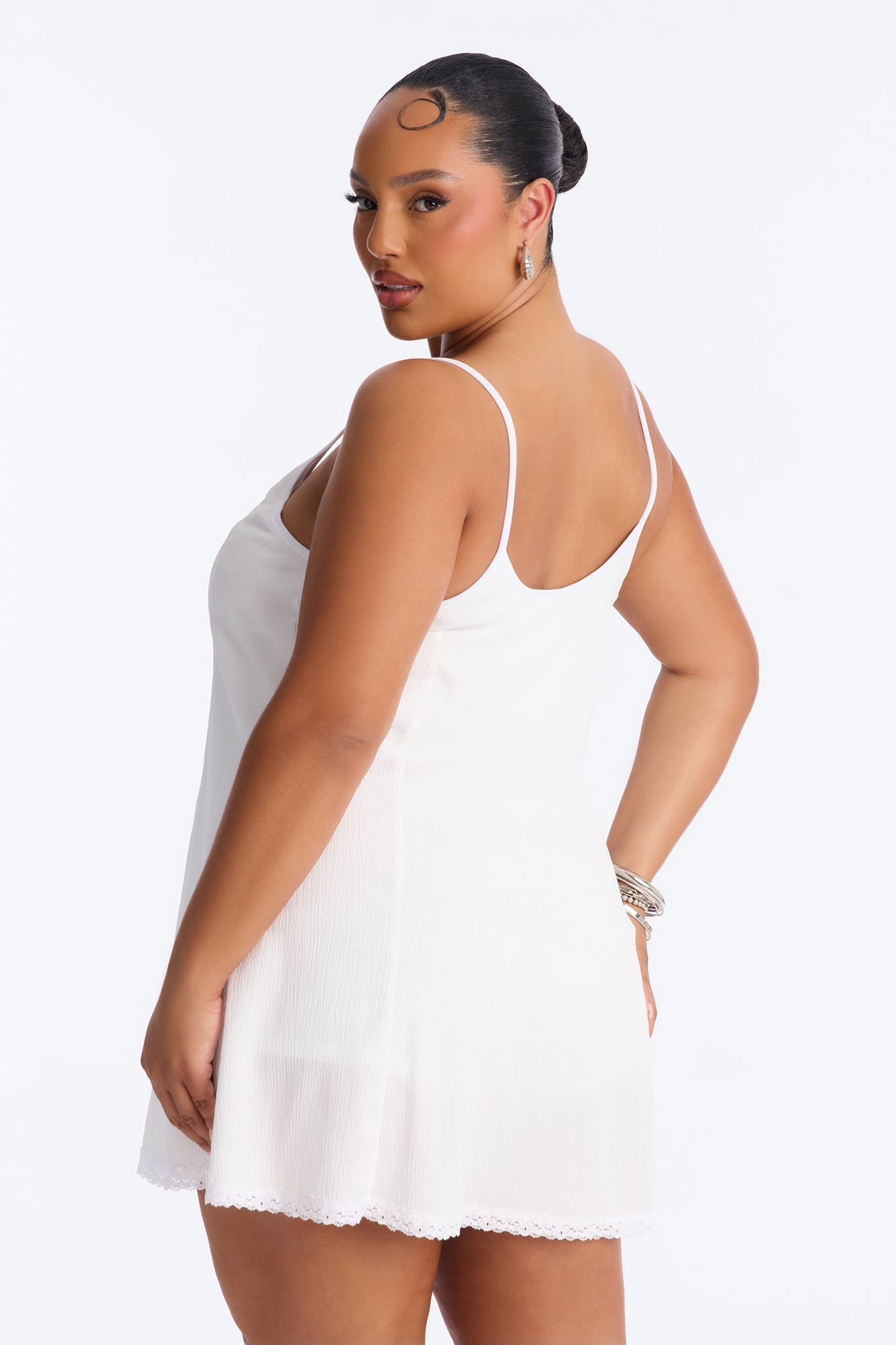 Rachel Lace Trim Textured Mini Dress - Off White NEWFASHIONEDGE