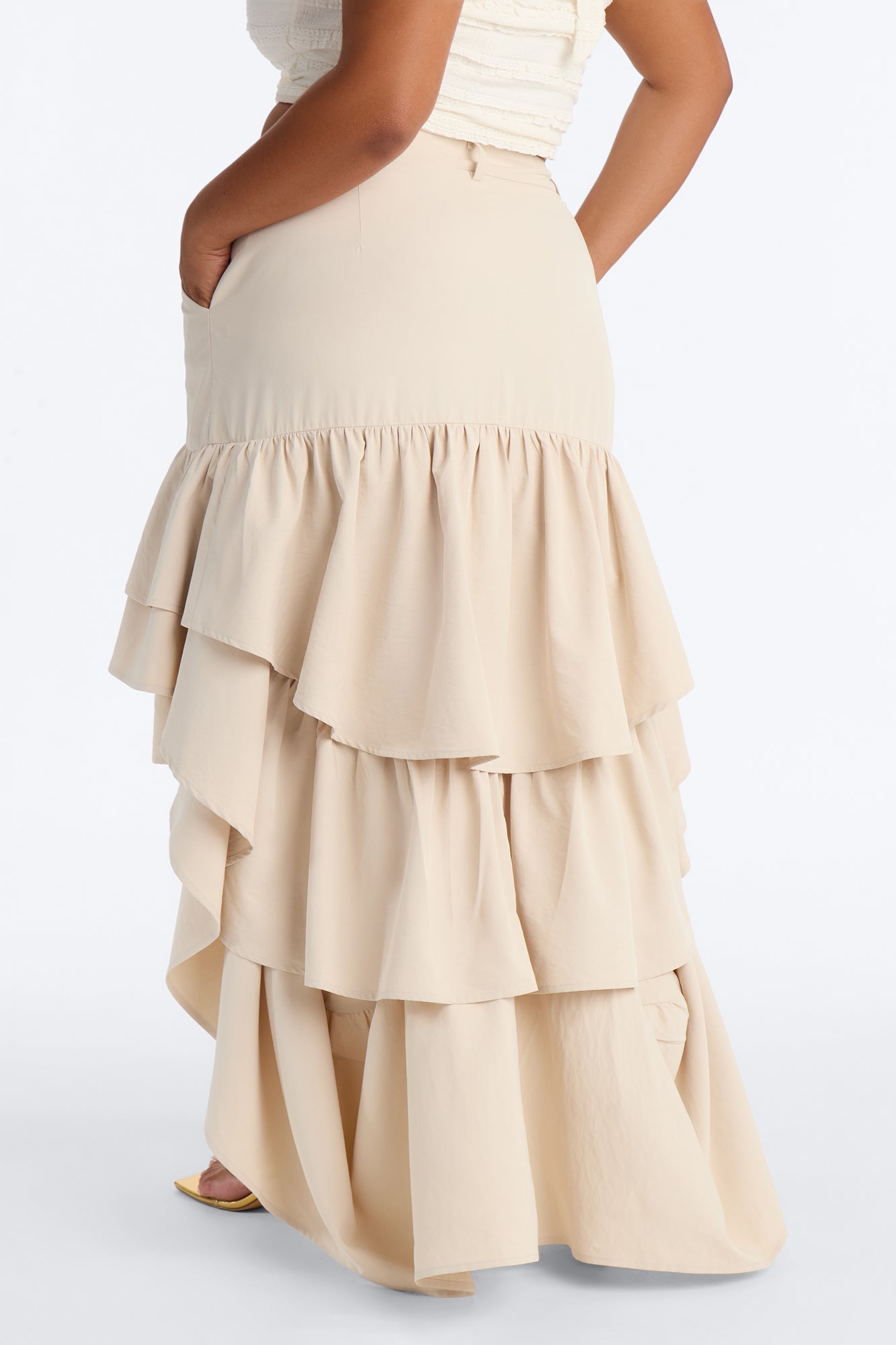 Alyssa Twill High Low Ruffle Maxi Skirt - Khaki NEWFASHIONEDGE