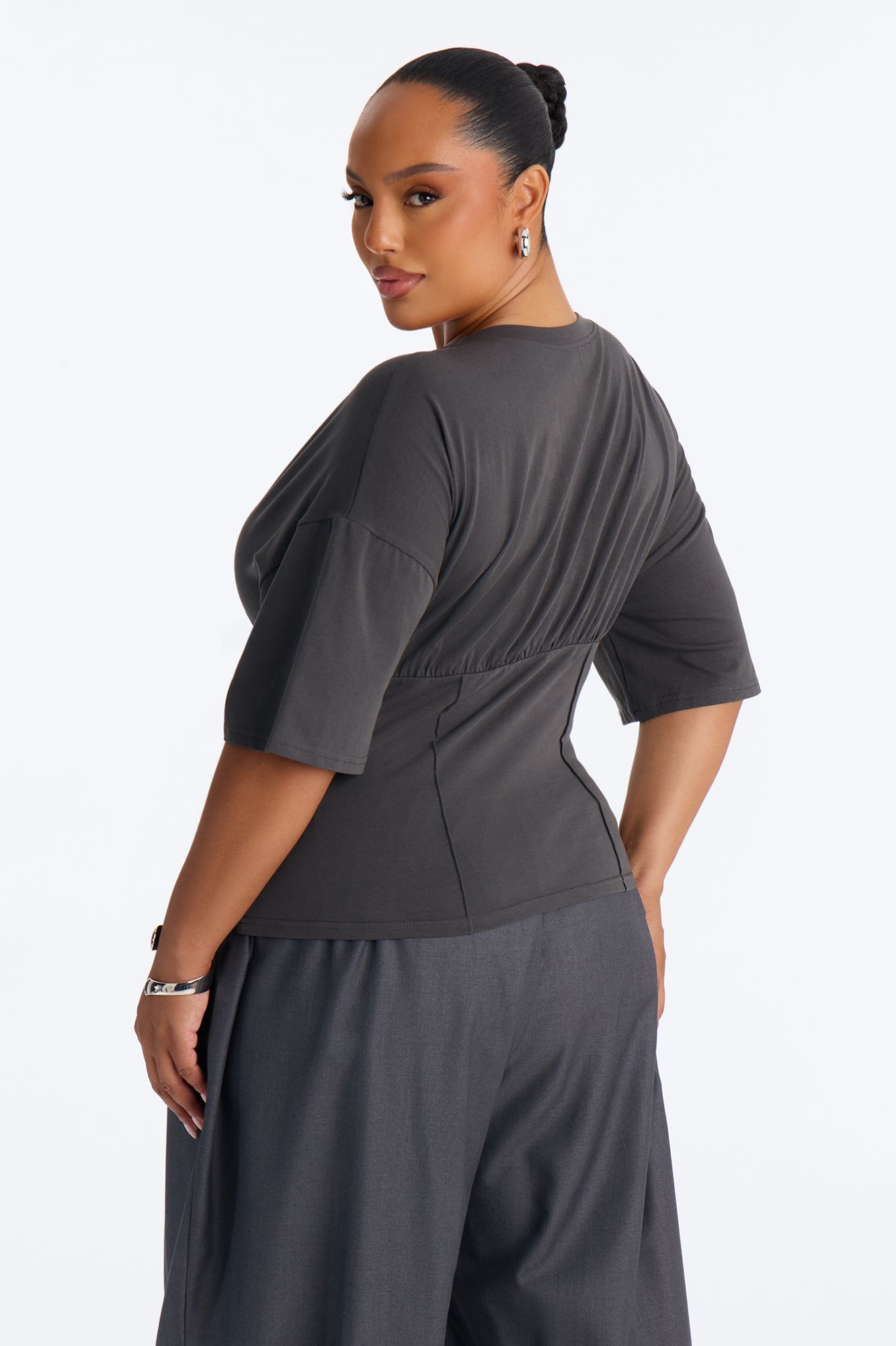 Kaylee Cinched Waist Short Sleeve T-Shirt - Charcoal