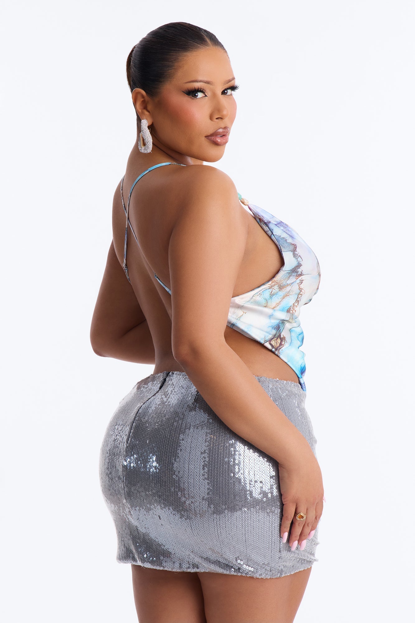 Sugar High Beaded Satin Halter Top - Blue/combo Fashion Nova