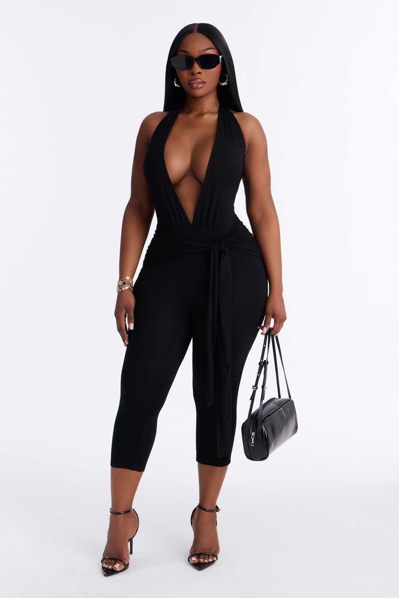 Karla Plunge Capri Catsuit - Black NEWFASHIONEDGE
