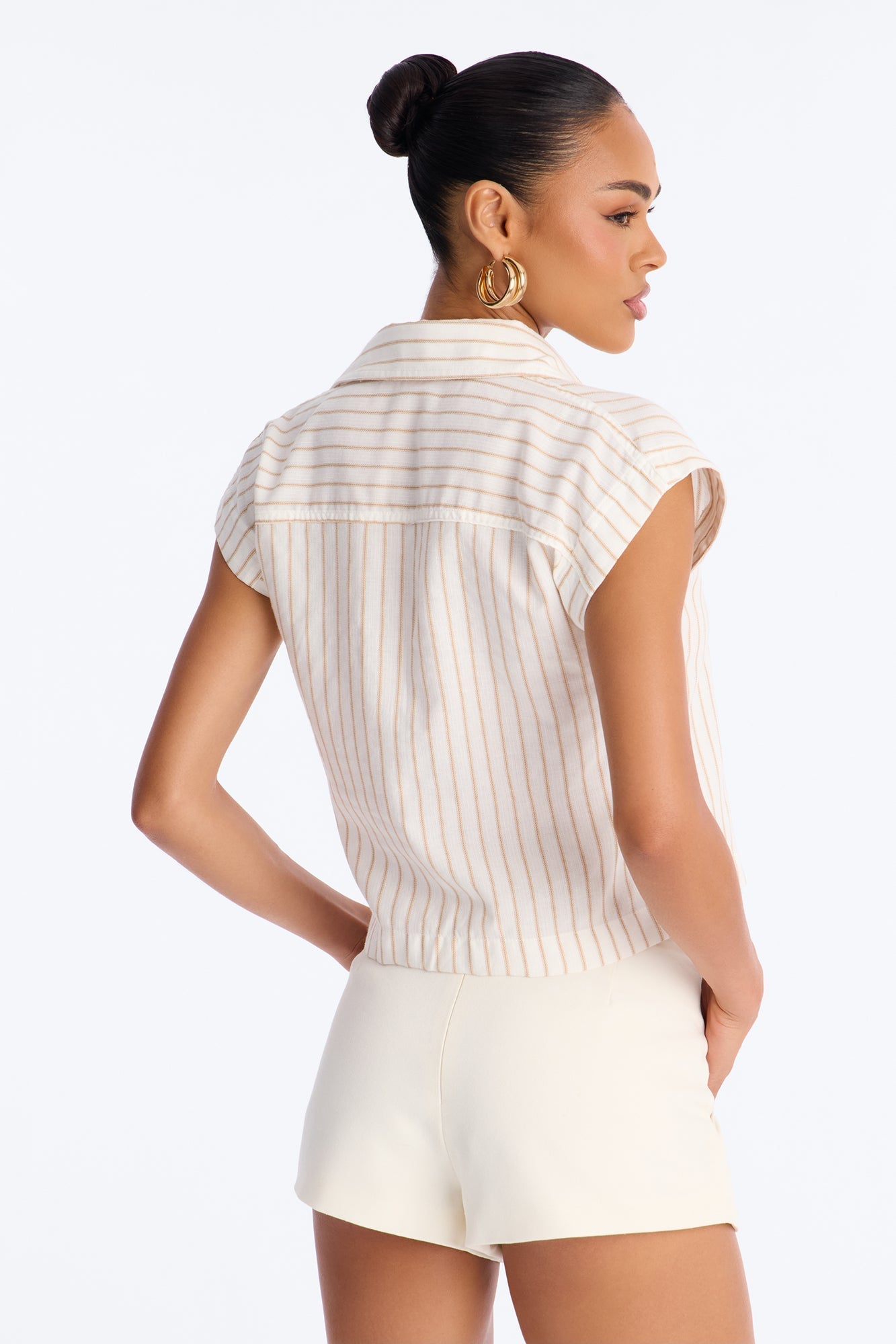 Isabelle Pinstripe Short Sleeve Button Up Shirt - Taupe