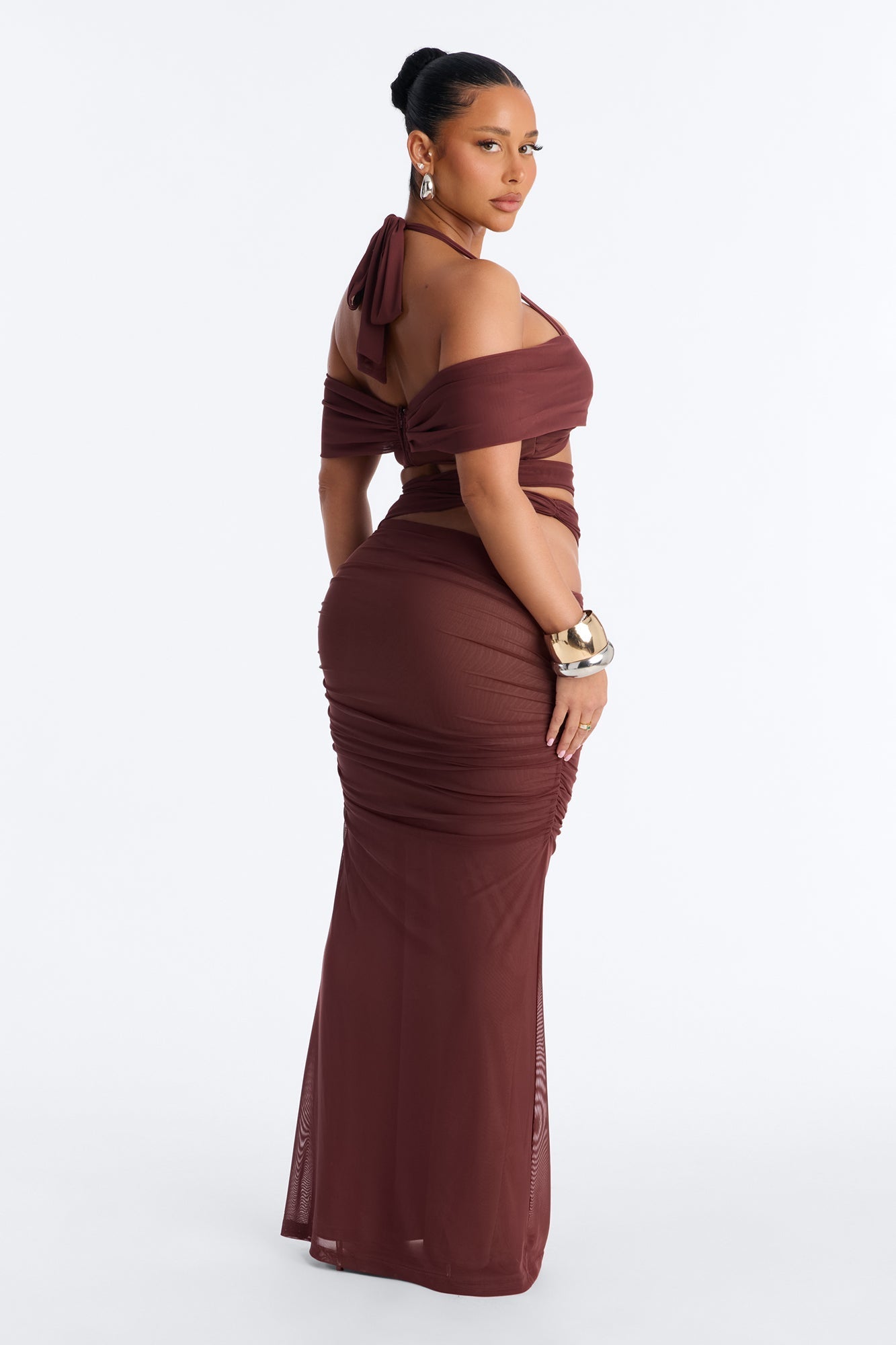 Brooke Mesh Off The Shoulder Cutout Maxi Skirt Set - Burgundy NEWFASHIONEDGE