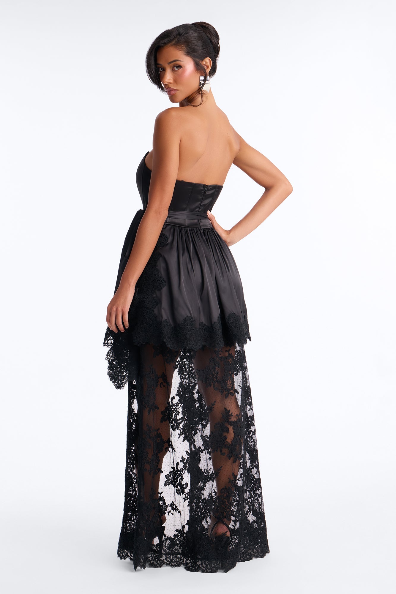 Lana Draped Lace Satin Gown - Black NEWFASHIONEDGE